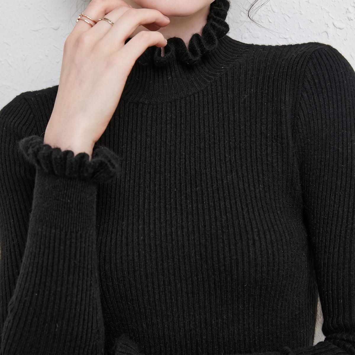 Olivia - Women's Ribbed Knit Turtleneck Jumper with Ruffled Collar and Cuffs - Sweaters - Black - Davies & Cooper