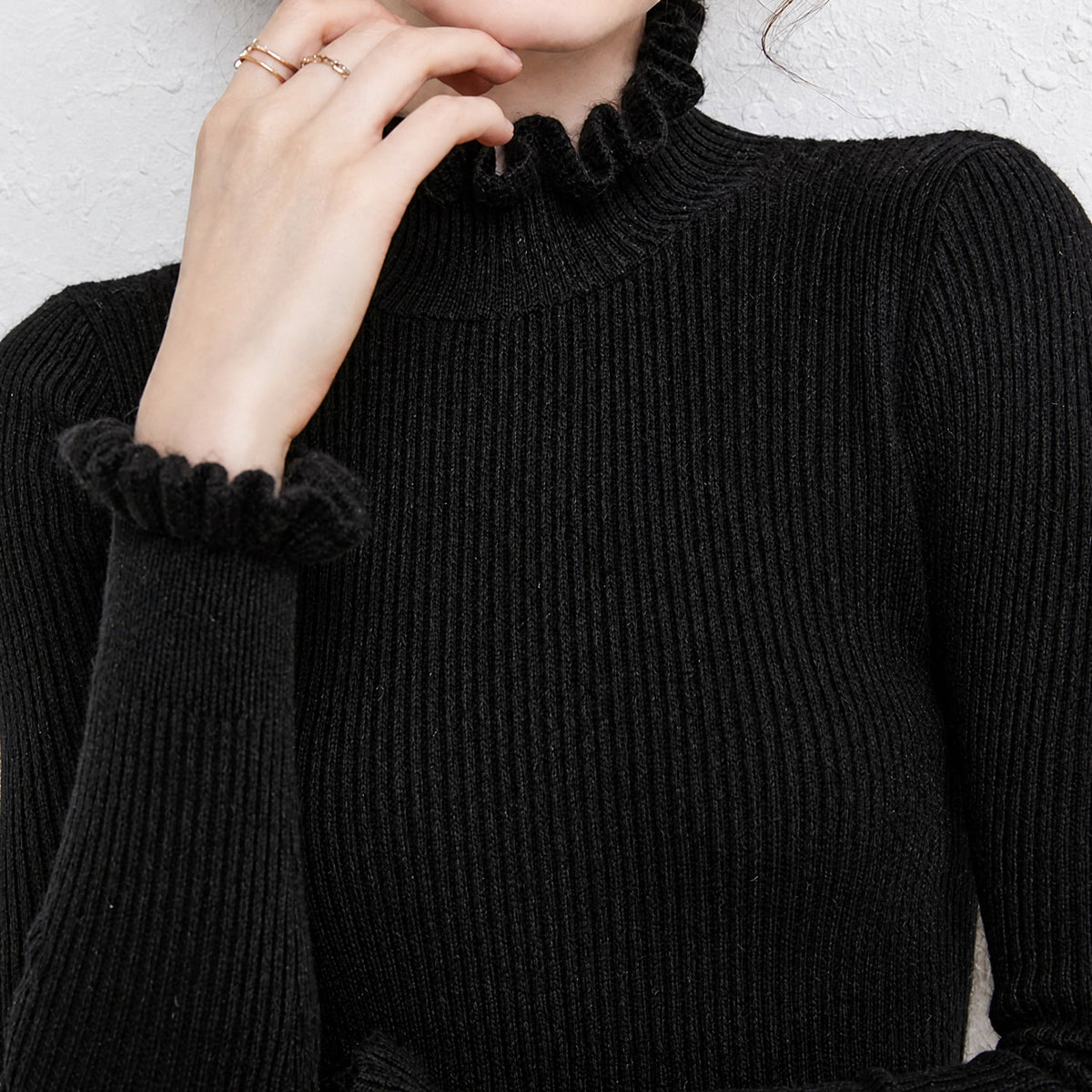 Olivia - Women's Ribbed Knit Turtleneck Jumper with Ruffled Collar and Cuffs - Sweaters - Black - Davies & Cooper
