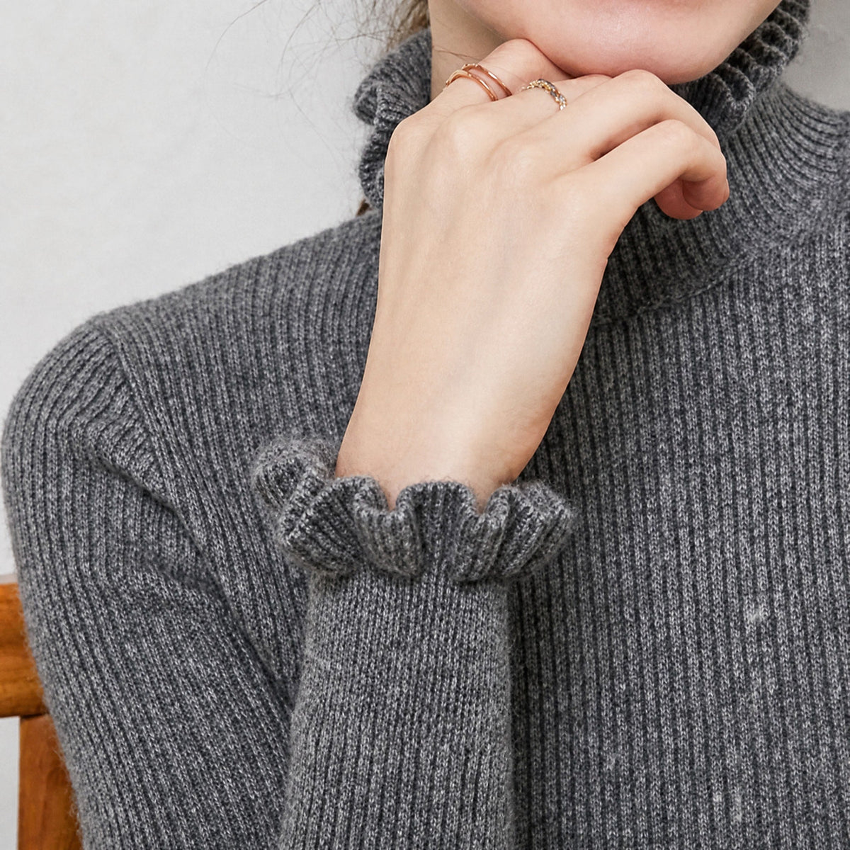 Olivia - Women's Ribbed Knit Turtleneck Jumper with Ruffled Collar and Cuffs - Sweaters - Grey - Davies & Cooper