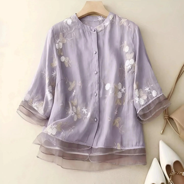 Olivia - Women's Summer Floral Embroidered Button - Up Blouse - Blouse - Purple - Davies & Cooper