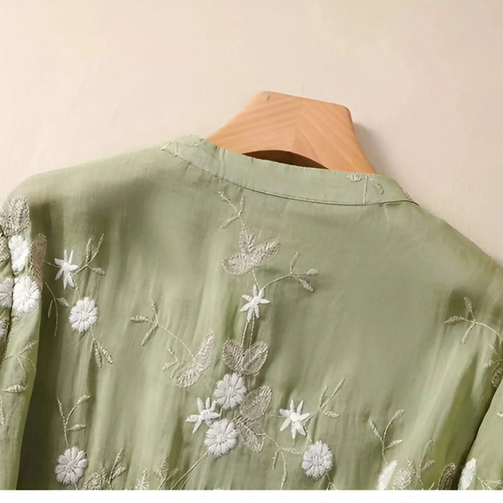 Olivia - Women's Summer Floral Embroidered Button - Up Blouse - Blouse - Green - Davies & Cooper