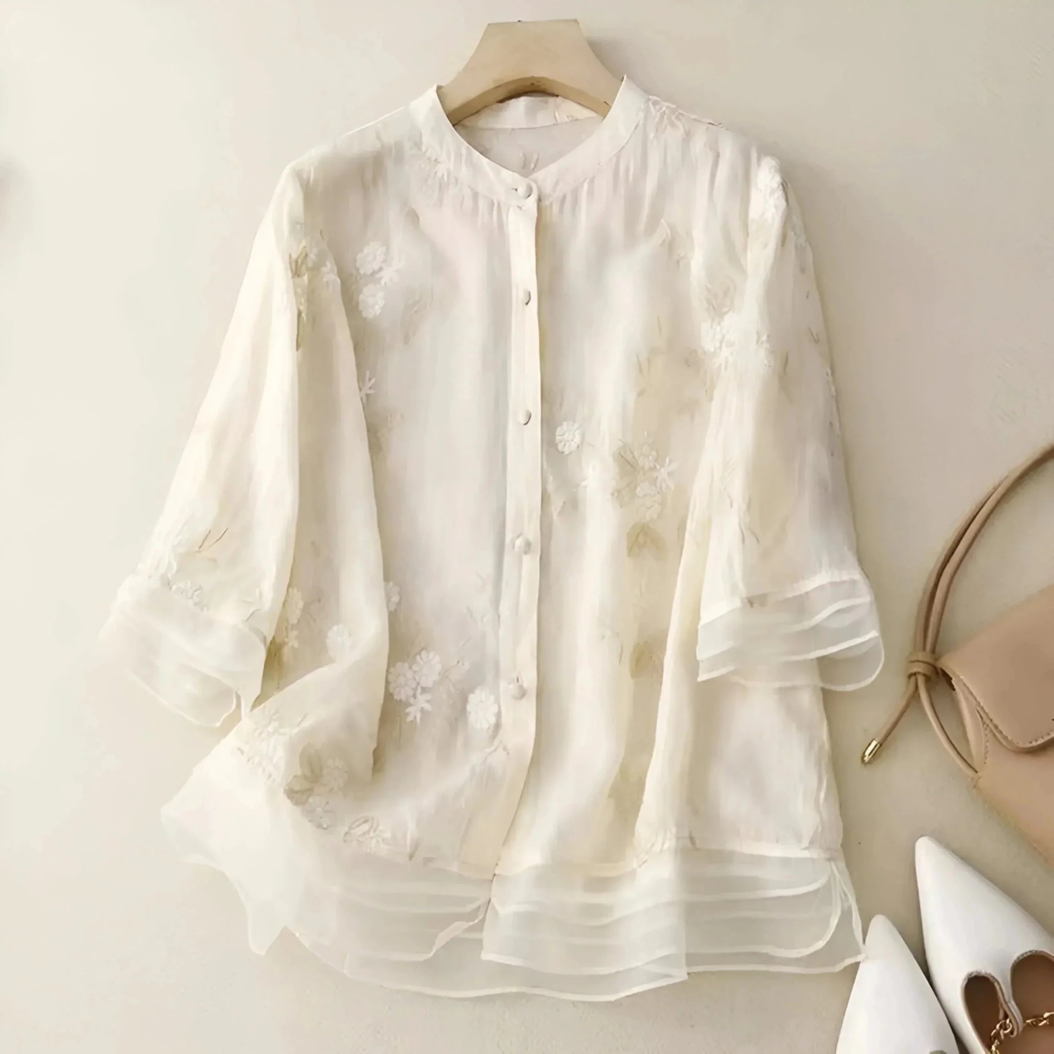 Olivia - Women's Summer Floral Embroidered Button - Up Blouse - Blouse - Cream - Davies & Cooper