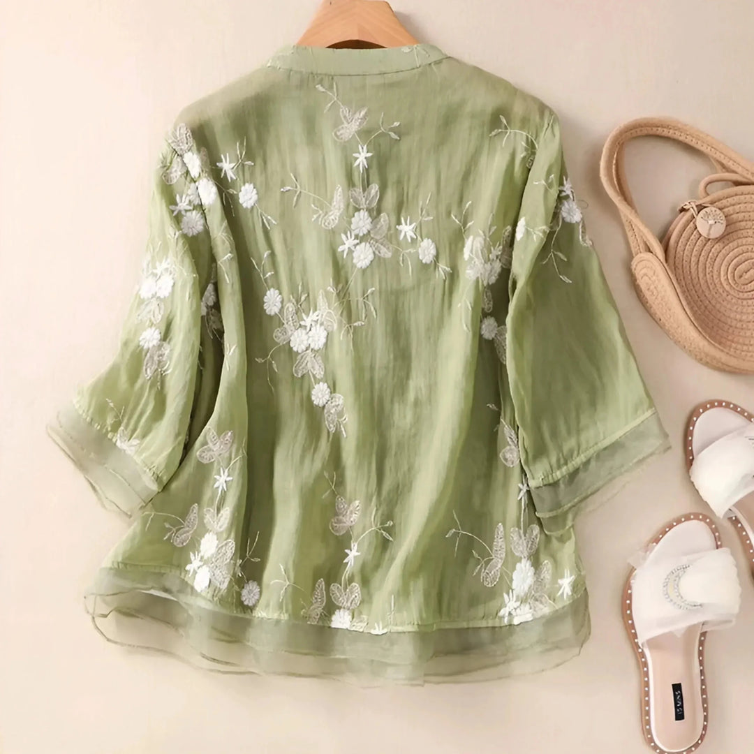 Olivia - Women's Summer Floral Embroidered Button - Up Blouse - Blouse - Green - Davies & Cooper