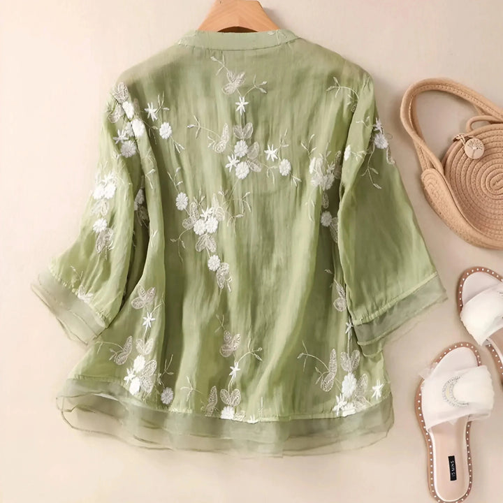 Olivia - Women's Summer Floral Embroidered Button - Up Blouse - Blouse - Green - Davies & Cooper