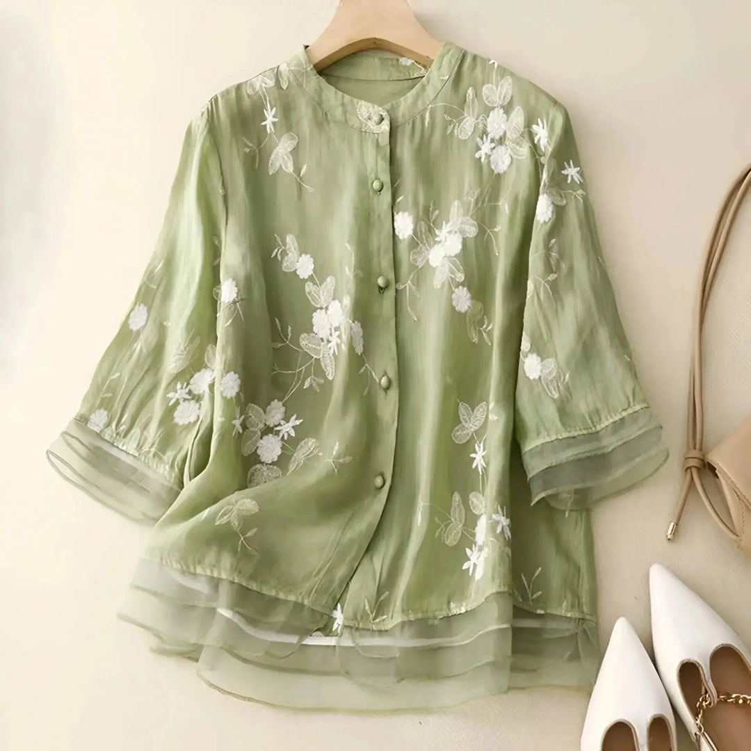 Olivia - Women's Summer Floral Embroidered Button - Up Blouse - Blouse - Green - Davies & Cooper