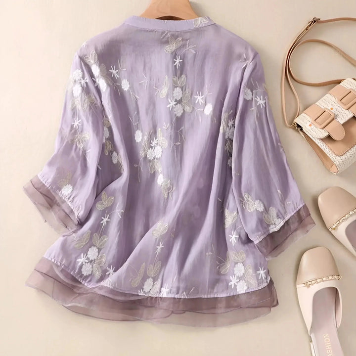 Olivia - Women's Summer Floral Embroidered Button - Up Blouse - Blouse - Purple - Davies & Cooper