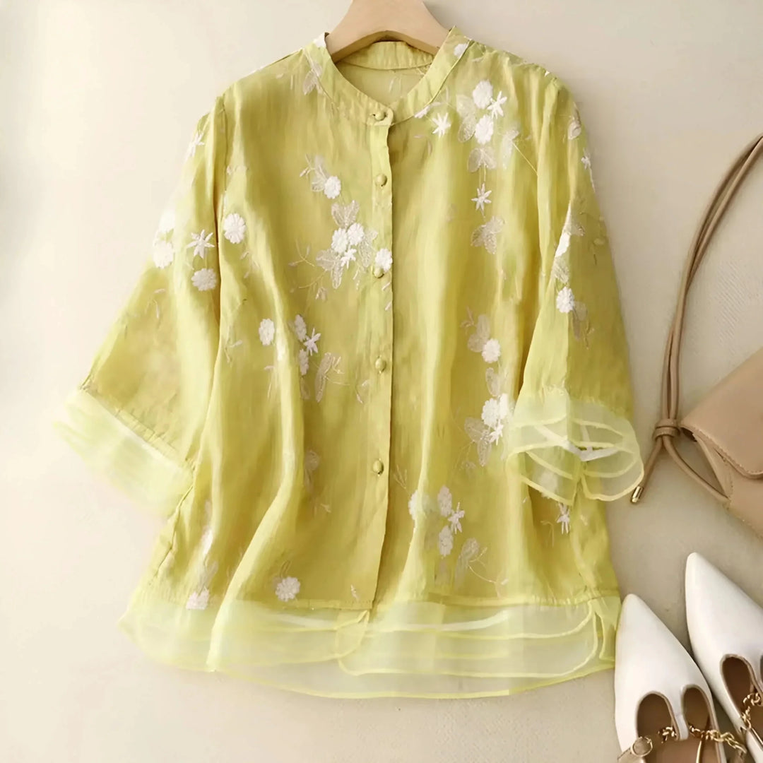 Olivia - Women's Summer Floral Embroidered Button - Up Blouse - Blouse - Yellow - Davies & Cooper