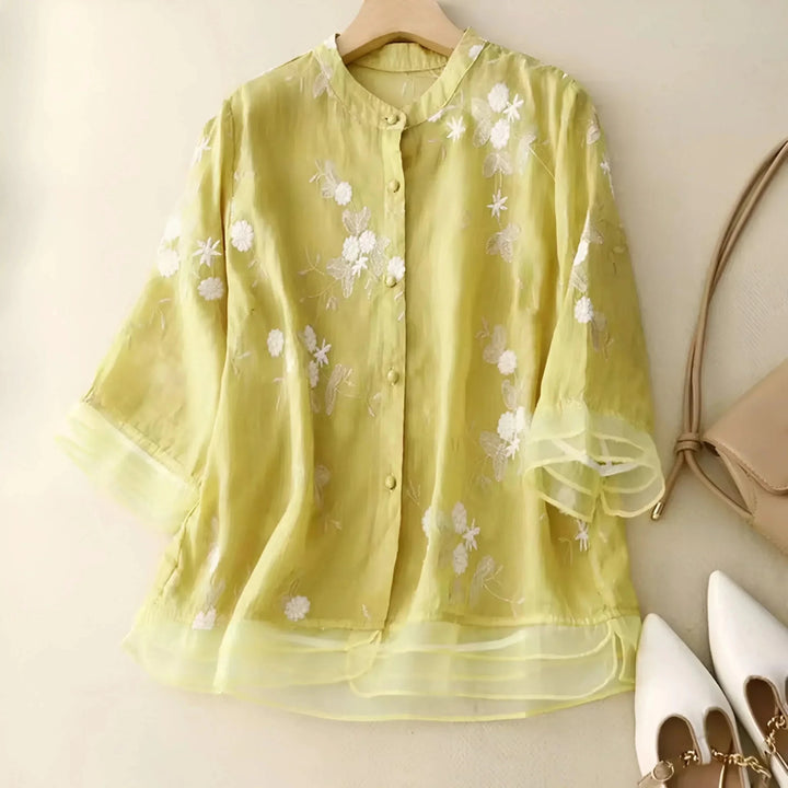 Olivia - Women's Summer Floral Embroidered Button - Up Blouse - Blouse - Yellow - Davies & Cooper