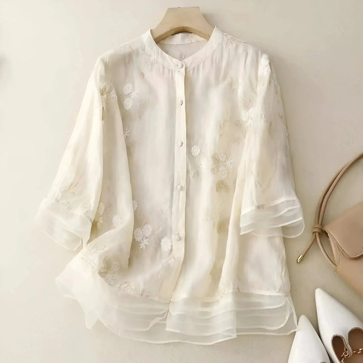 Olivia - Women's Summer Floral Embroidered Button - Up Blouse - Blouse - Cream - Davies & Cooper
