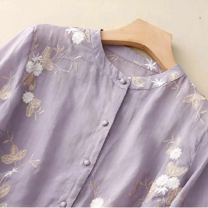 Olivia - Women's Summer Floral Embroidered Button - Up Blouse - Blouse - Purple - Davies & Cooper