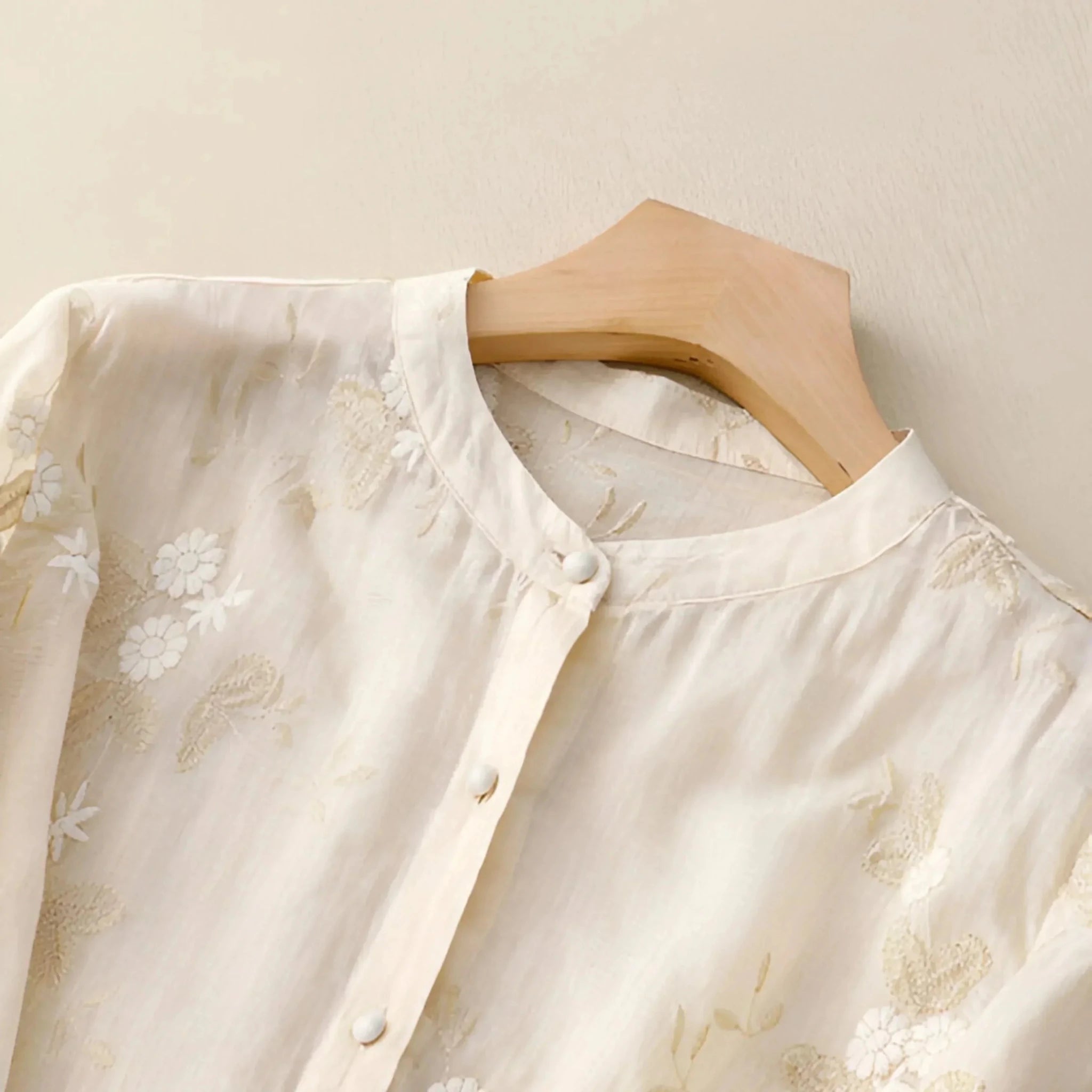 Olivia - Women's Summer Floral Embroidered Button - Up Blouse - Blouse - Cream - Davies & Cooper