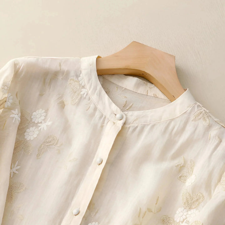 Olivia - Women's Summer Floral Embroidered Button - Up Blouse - Blouse - Cream - Davies & Cooper