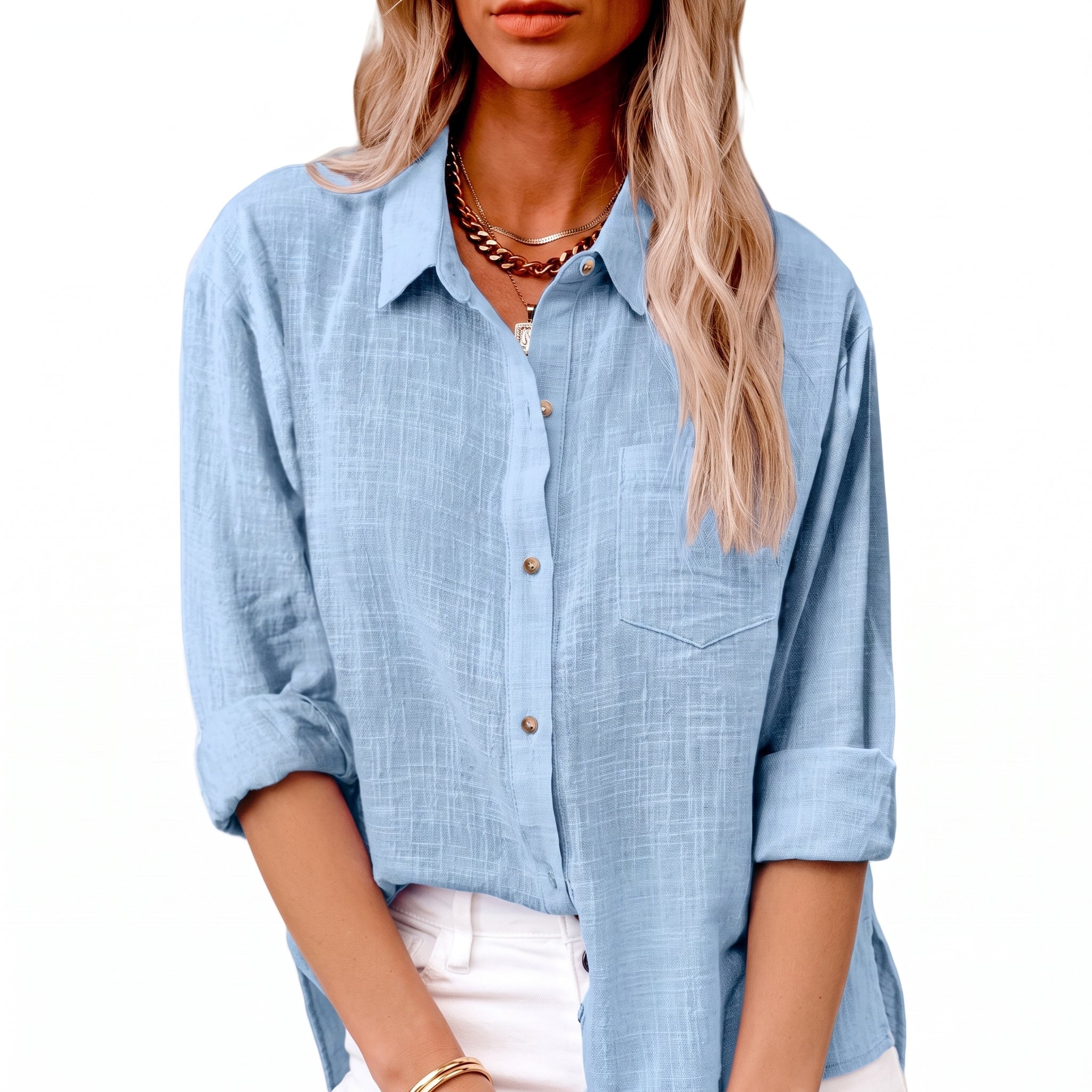 Olivia - Women's Summer Long Sleeve Button-Down Blouse - Blouses - Light Blue - Davies & Cooper