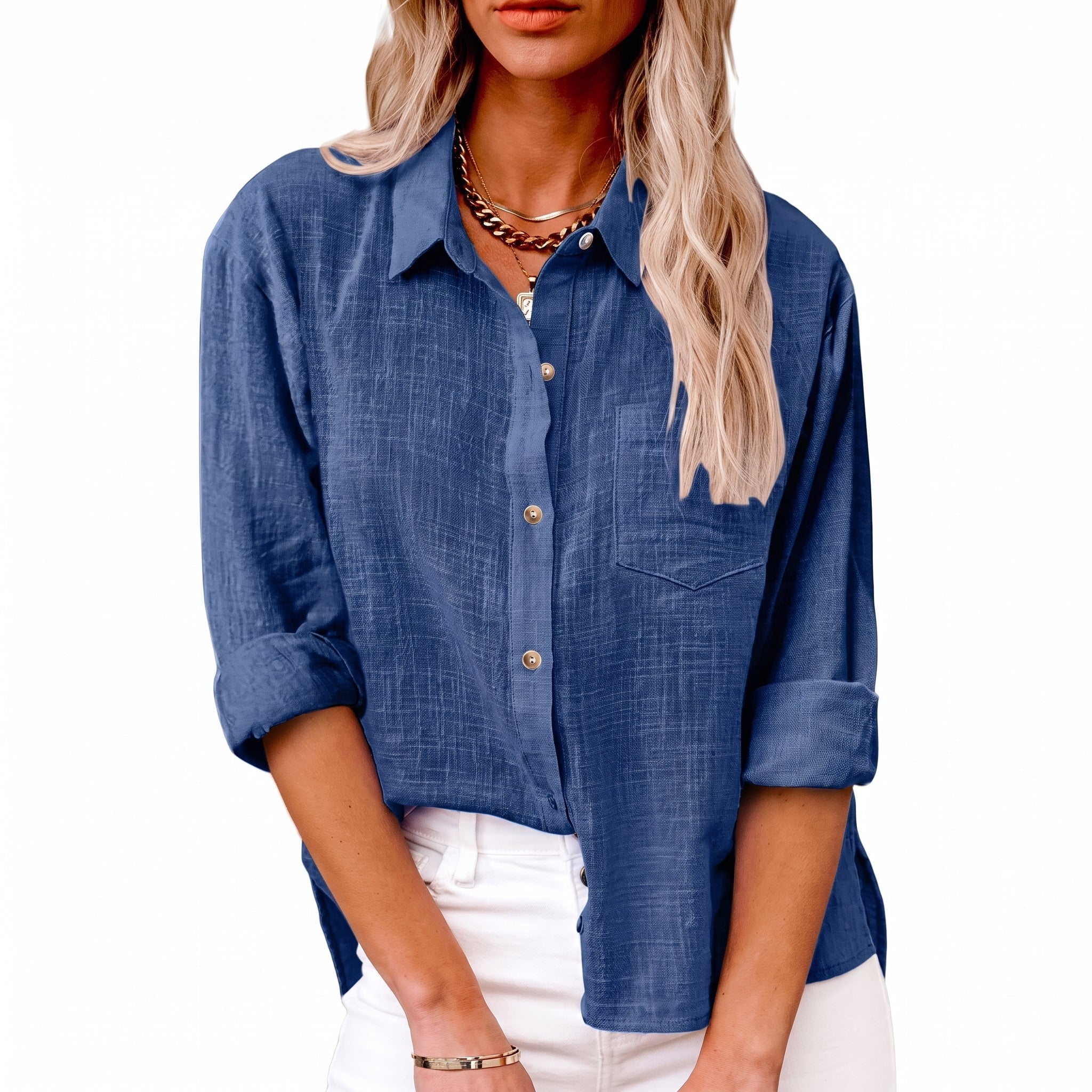Olivia - Women's Summer Long Sleeve Button-Down Blouse - Blouses - Blue - Davies & Cooper