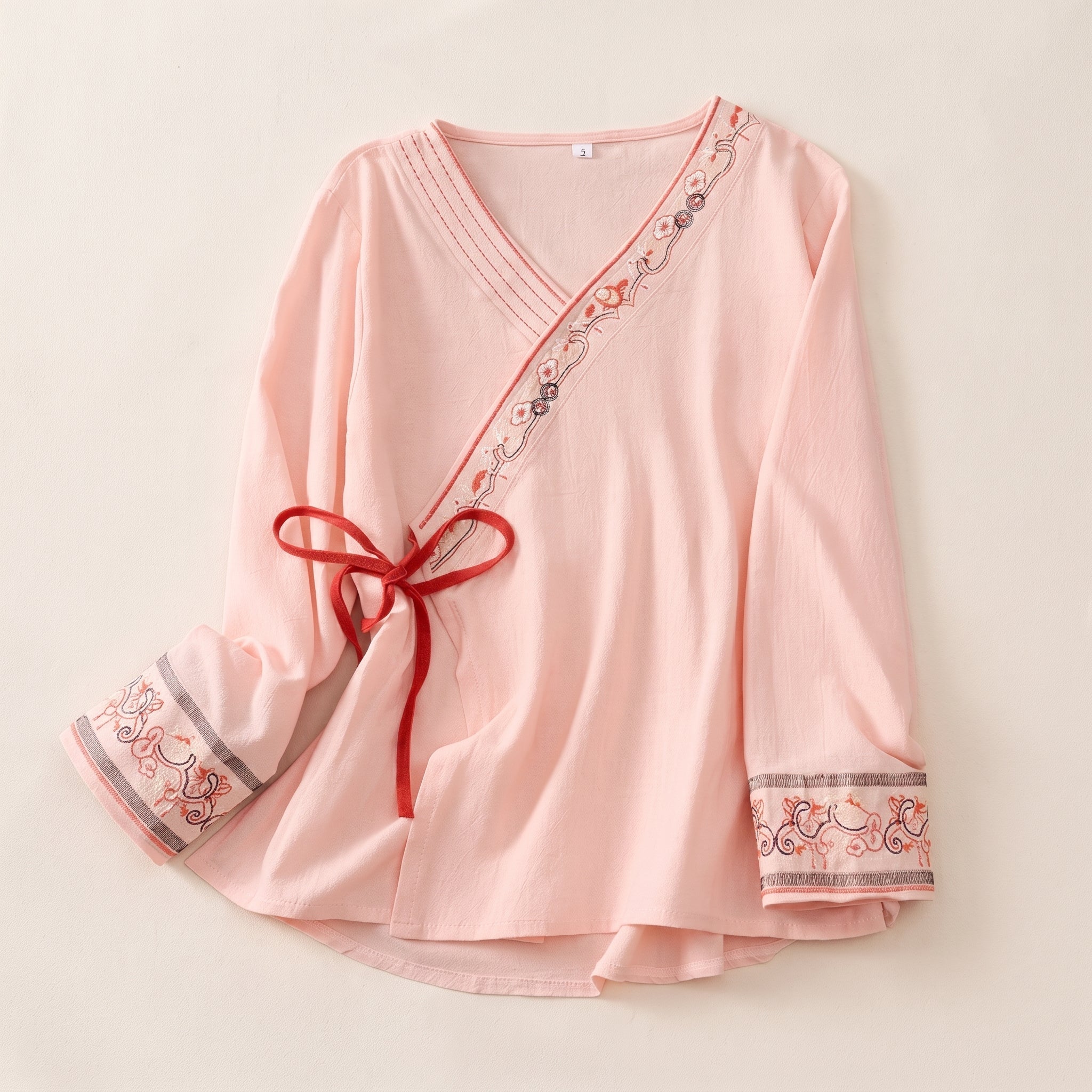 Olivia - Women's Summer Long Sleeve Wrap Tie Blouse - Blouse - Pink - Davies & Cooper