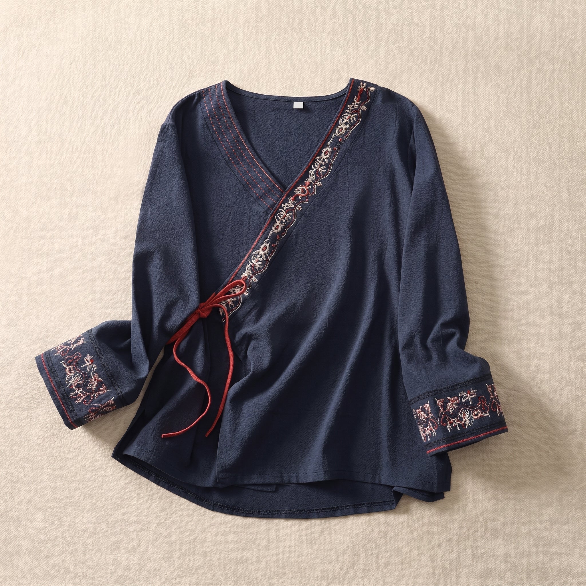 Olivia - Women's Summer Long Sleeve Wrap Tie Blouse - Blouse - Navy Blue - Davies & Cooper