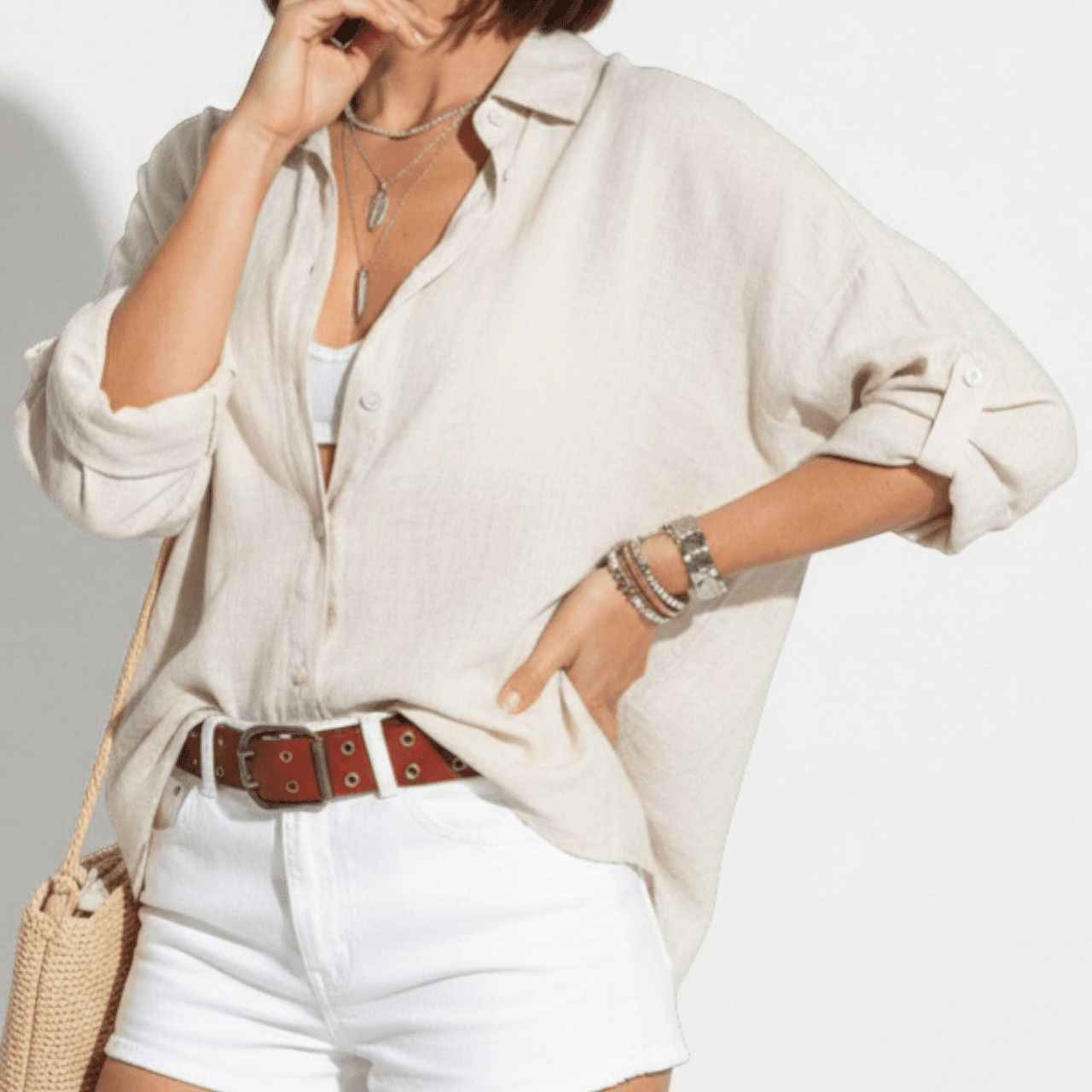 Olivia - Women's Summer Relaxed Fit Button-Down Shirt - Long sleeves - White - Davies & Cooper