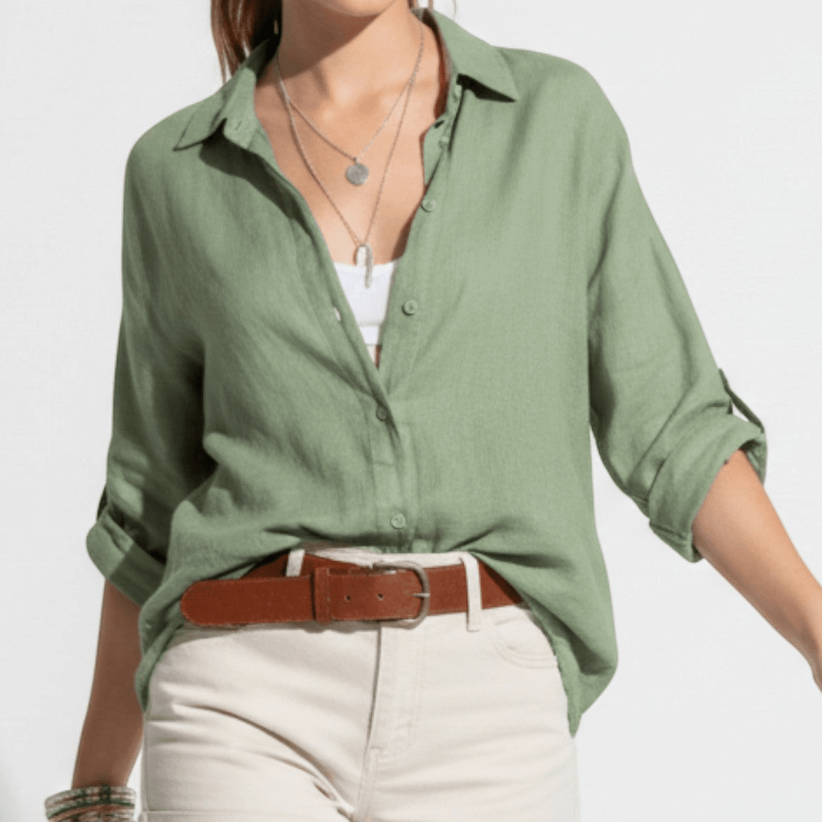 Olivia - Women's Summer Relaxed Fit Button-Down Shirt - Long sleeves - Green - Davies & Cooper