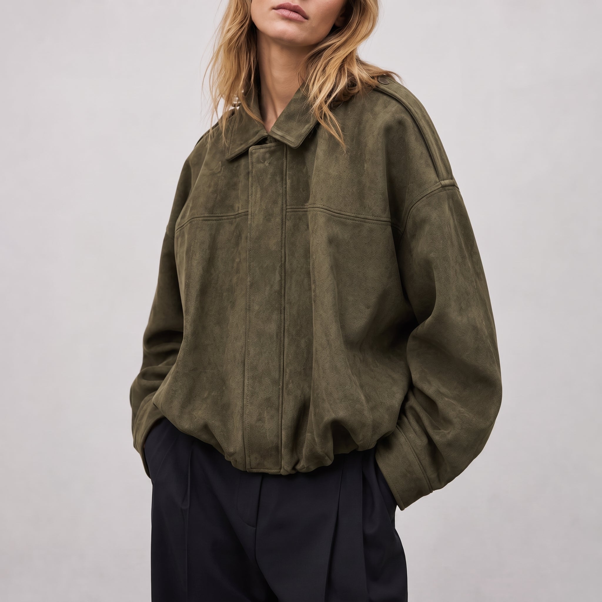 Olivia - Women's Vintage Dropped Shoulder Suede Bomber Jacket - Bomber Jackets - Olive Green - Davies & Cooper