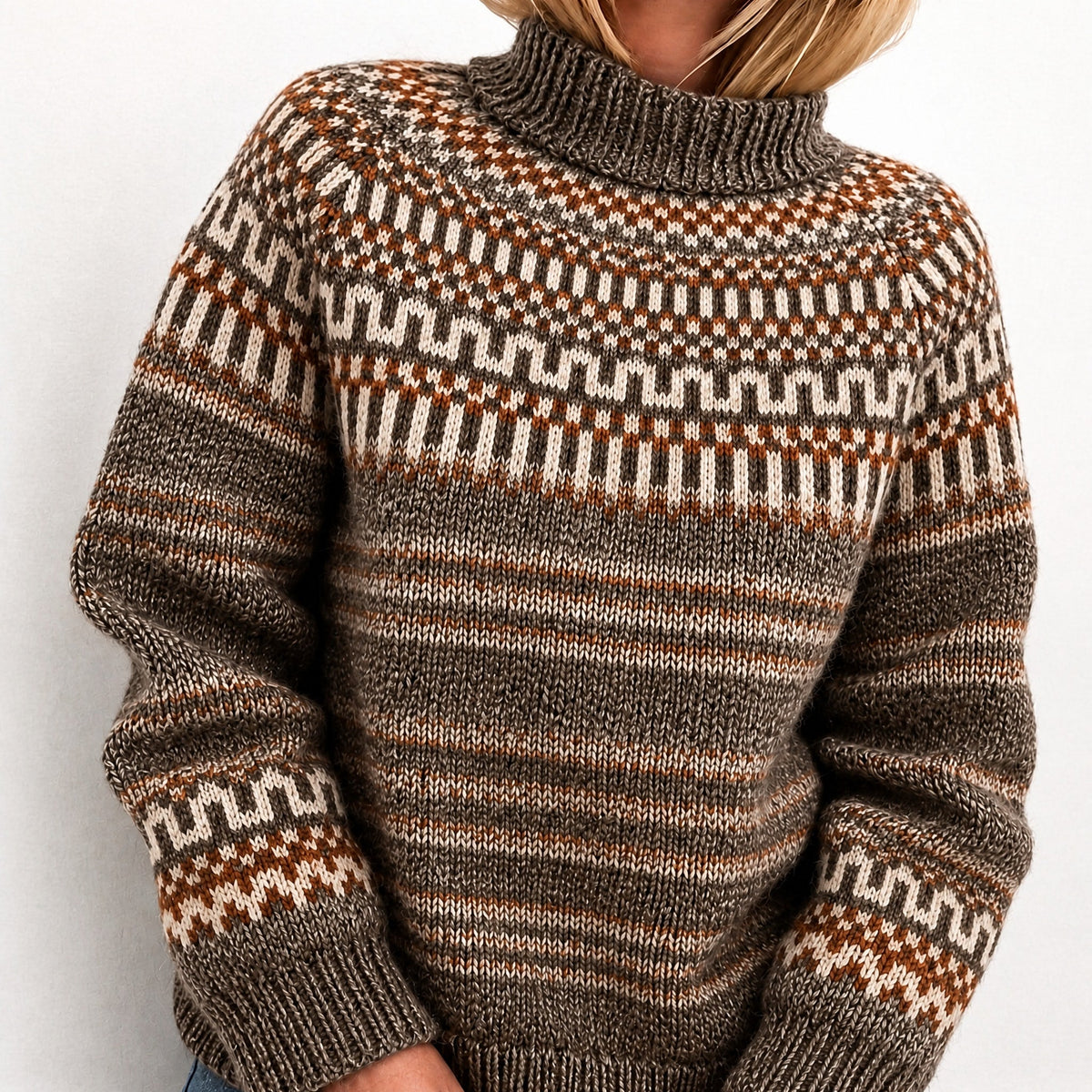 Oona - Women's Fair Isle Knit Turtleneck Jumper with Ribbed Cuffs - Sweaters - Dark Brown - Davies & Cooper