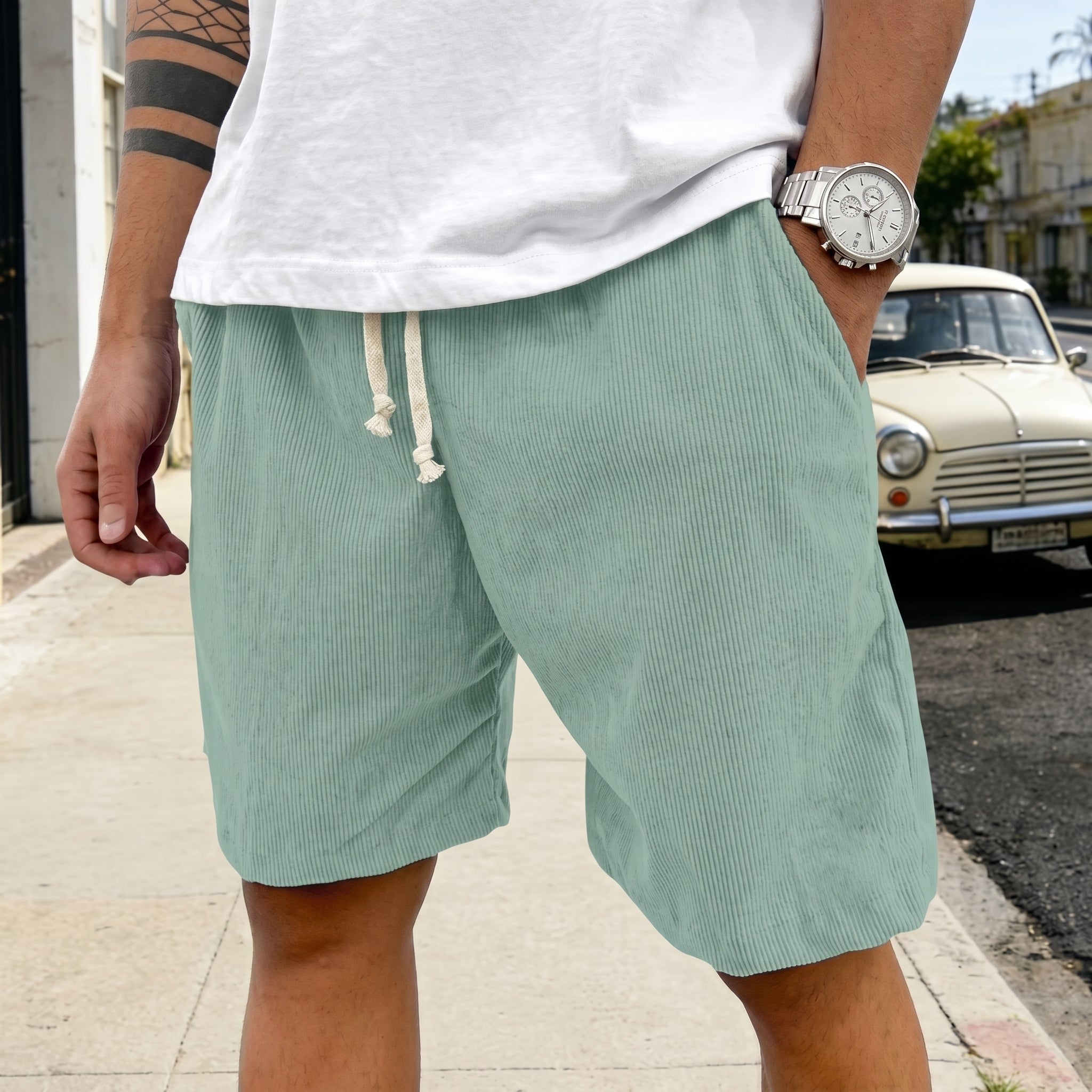 Paul - Men's Relaxed Fit Drawstring Waist Corduroy Shorts - Shorts - Green - Davies & Cooper