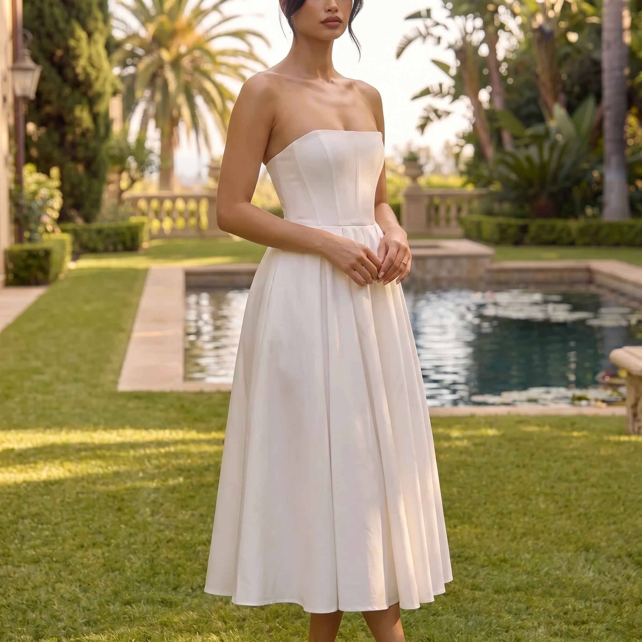 Penelope - Women's Summer Pleated Midi Dress - Midi Dress - White - Davies & Cooper