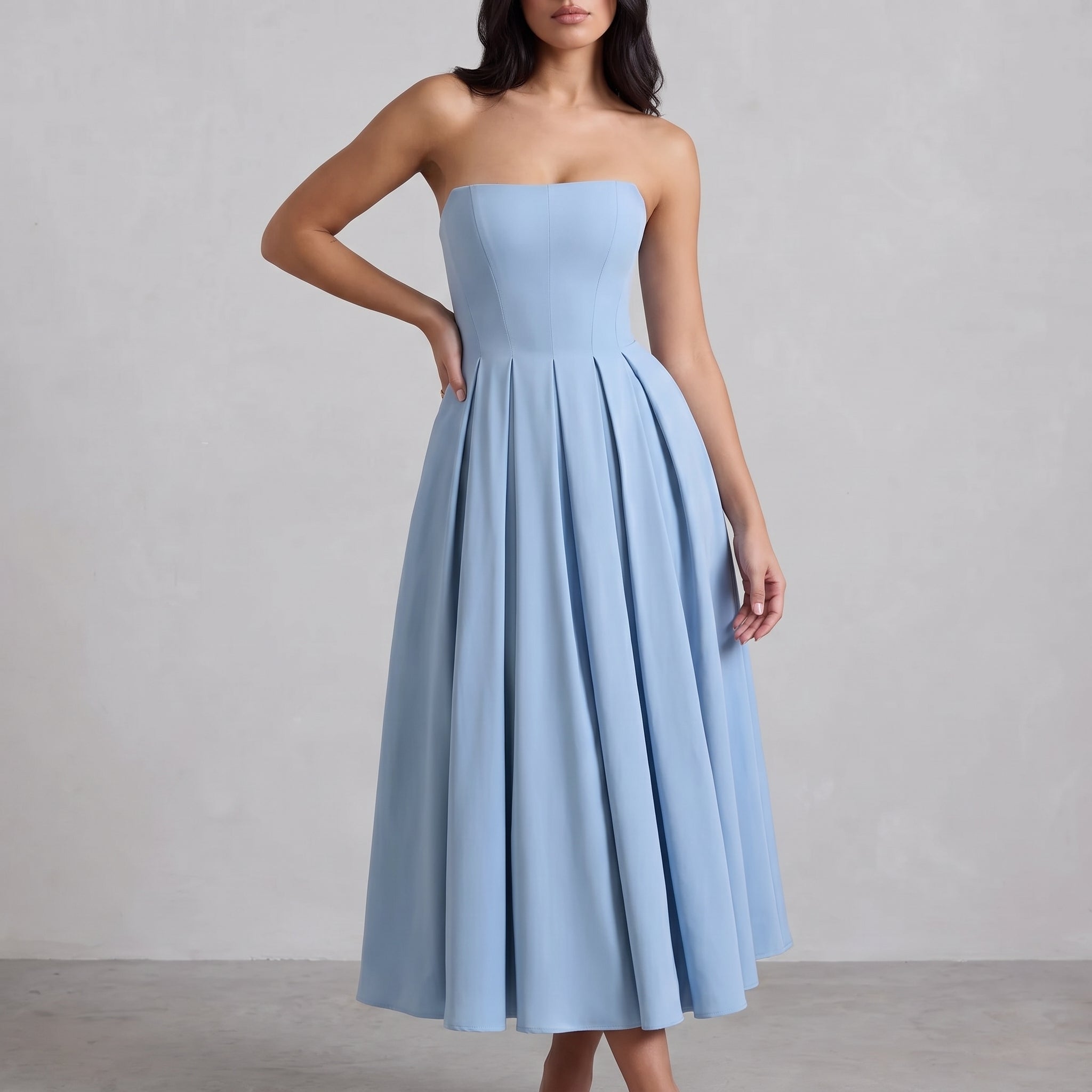 Penelope - Women's Summer Pleated Midi Dress - Midi Dress - Blue - Davies & Cooper
