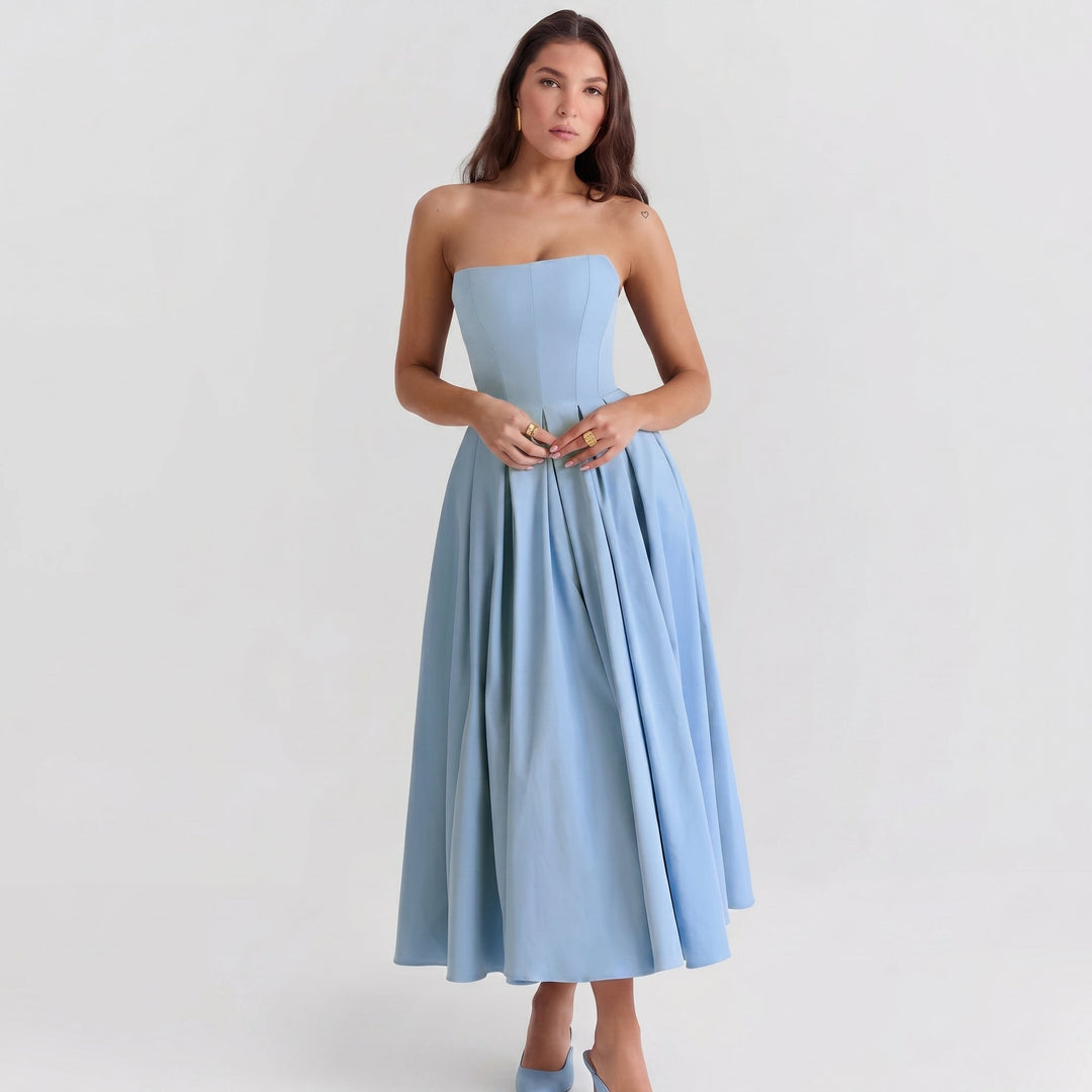 Penelope - Women's Summer Pleated Midi Dress - Midi Dress - Blue - Davies & Cooper
