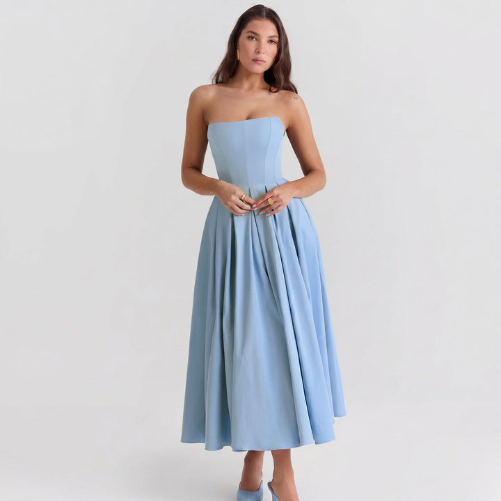 Penelope - Women's Summer Pleated Midi Dress - Midi Dress - Blue - Davies & Cooper