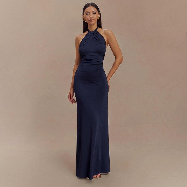Petra - Women's Wedding Guest Halterneck Maxi Dress - Maxi Dress - Navy Blue - Davies & Cooper