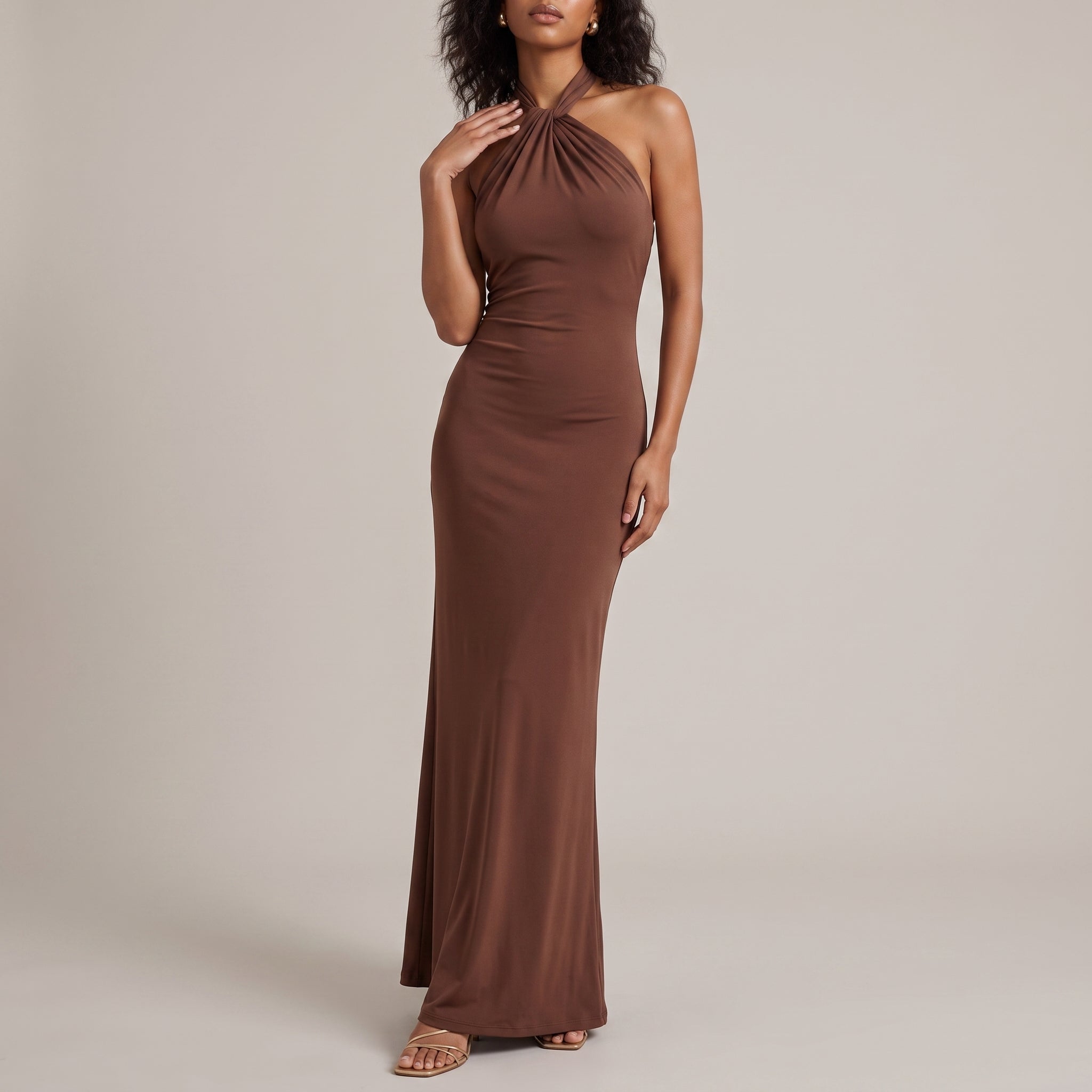 Petra - Women's Wedding Guest Halterneck Maxi Dress - Maxi Dress - Brown - Davies & Cooper