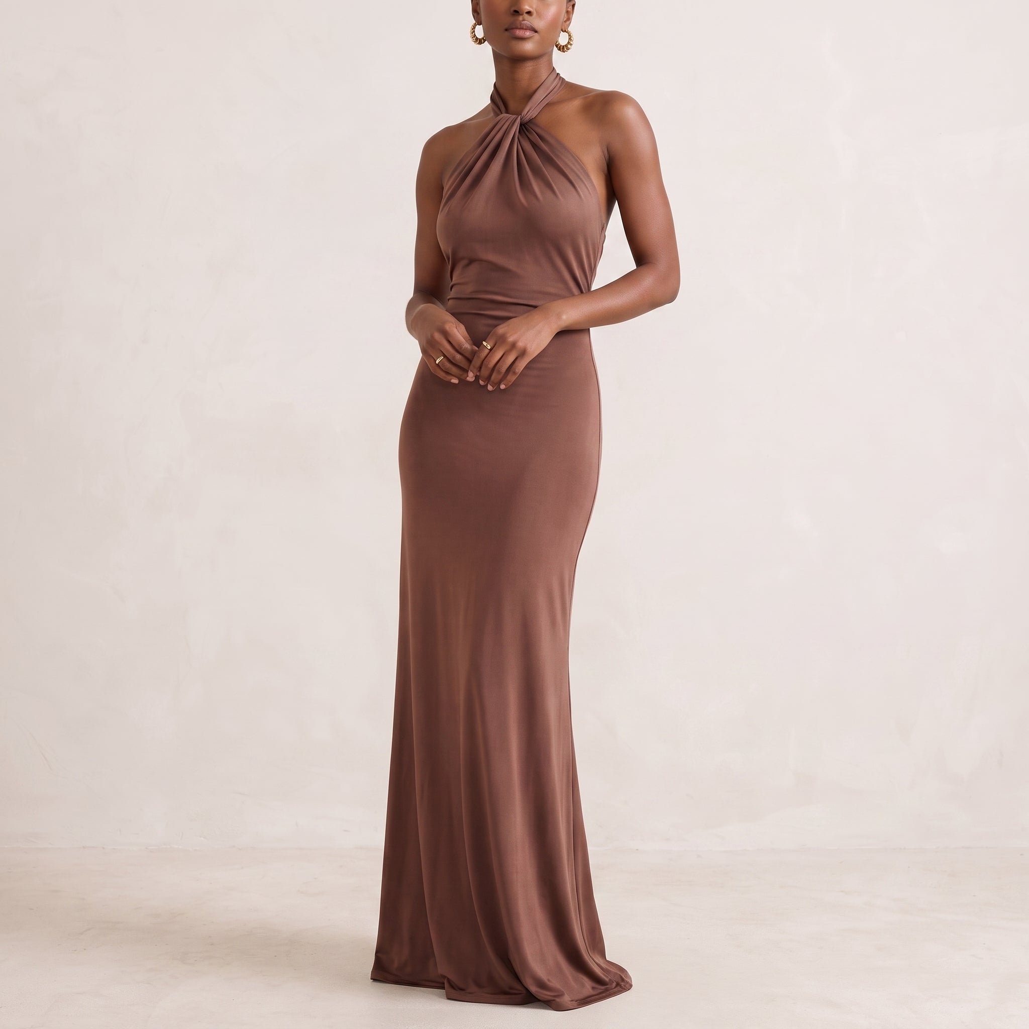 Petra - Women's Wedding Guest Halterneck Maxi Dress - Maxi Dress - Brown - Davies & Cooper