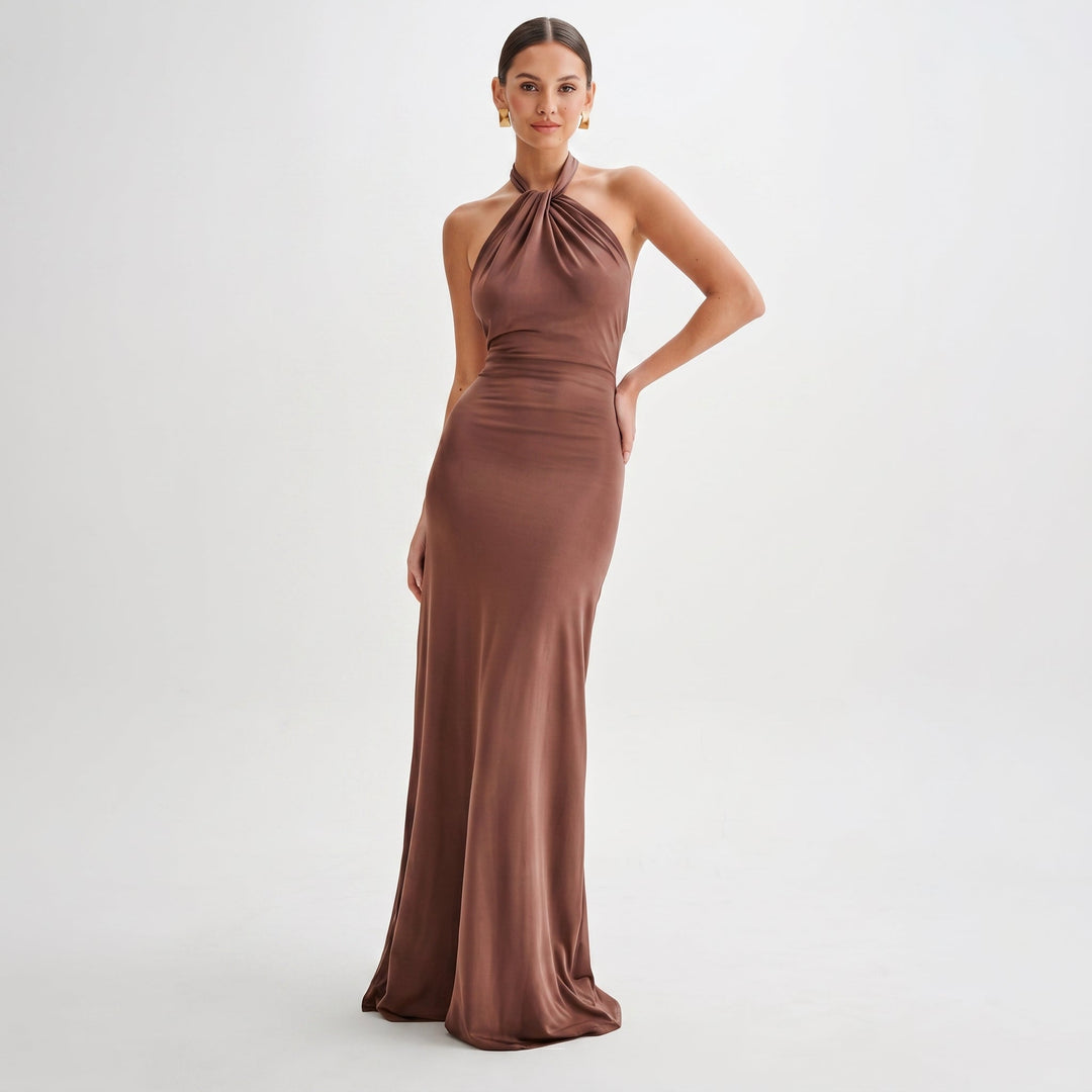 Petra - Women's Wedding Guest Halterneck Maxi Dress - Maxi Dress - Brown - Davies & Cooper