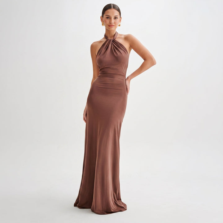 Petra - Women's Wedding Guest Halterneck Maxi Dress - Maxi Dress - Brown - Davies & Cooper