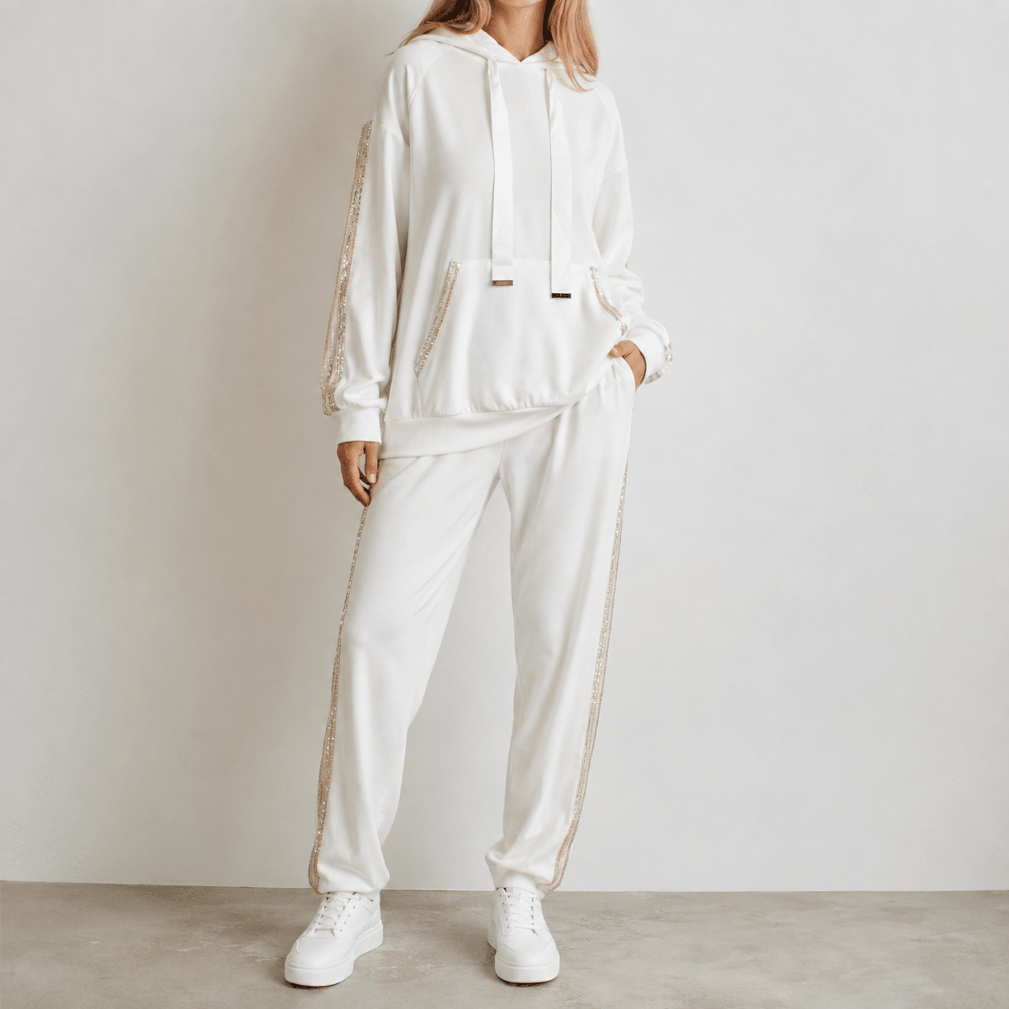 Phoebe - Women's Contrast Side Stripe Hoodie and Tracksuit Set - Outfit Sets - White - Davies & Cooper