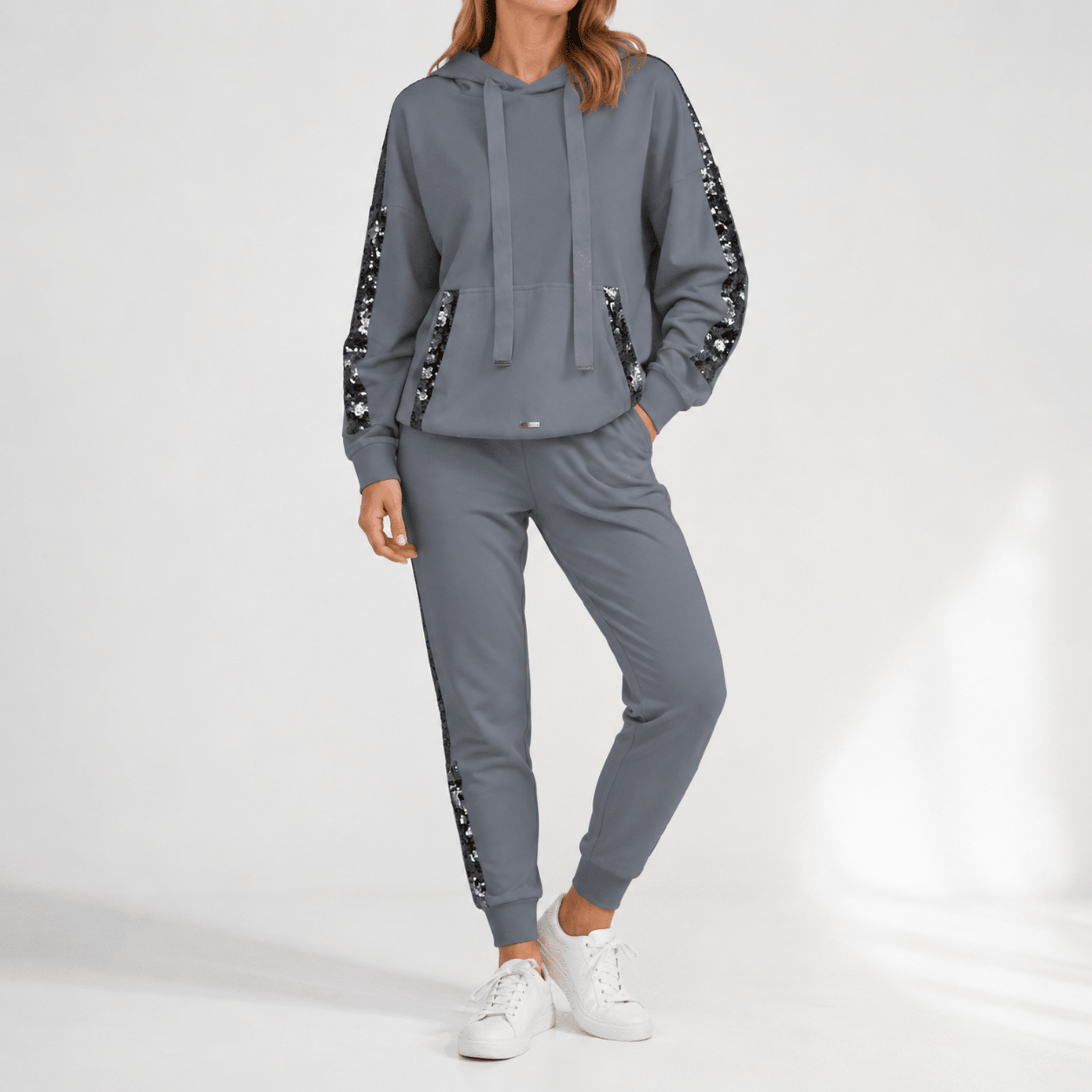 Phoebe - Women's Contrast Side Stripe Hoodie and Tracksuit Set - Outfit Sets - Grey - Davies & Cooper