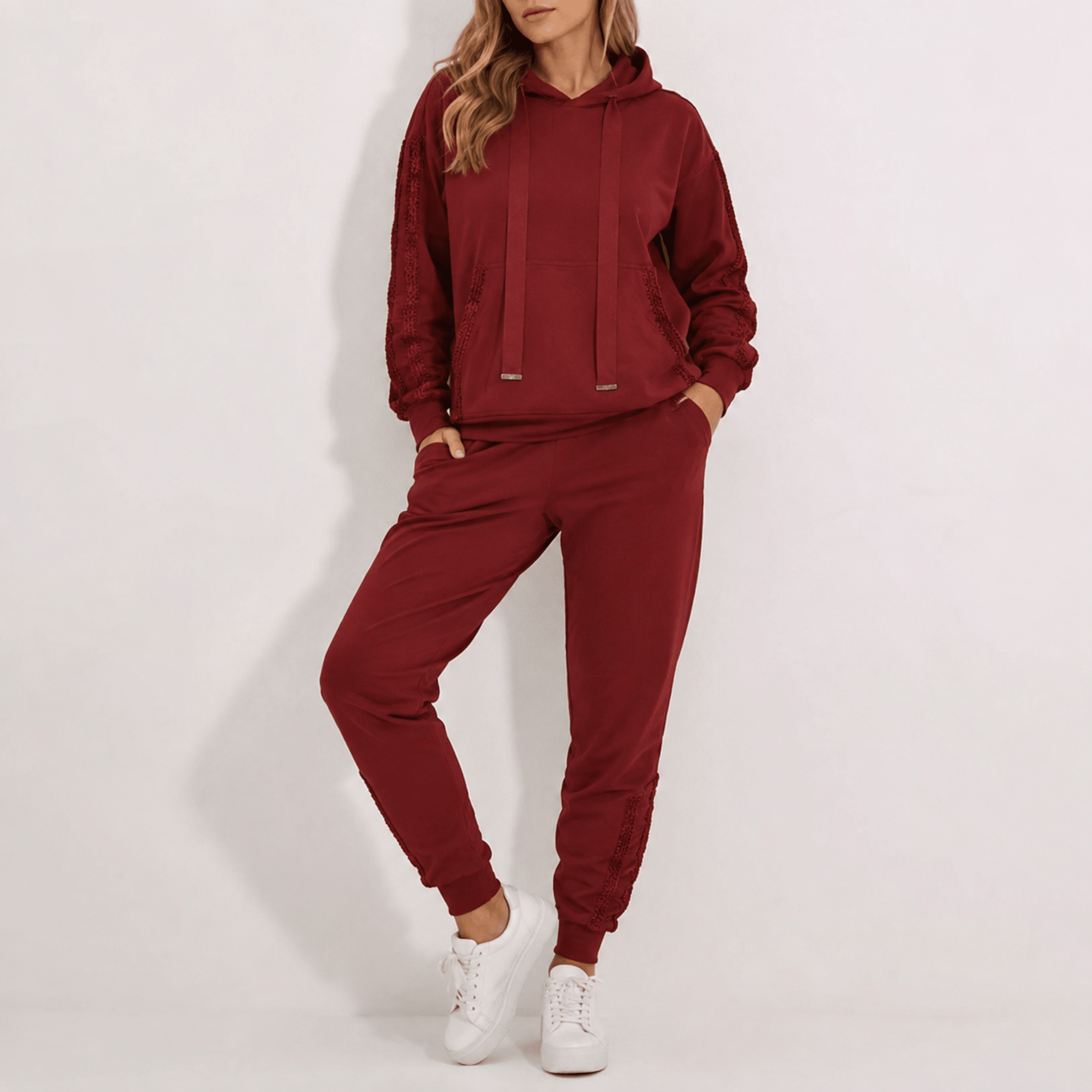 Phoebe - Women's Contrast Side Stripe Hoodie and Tracksuit Set - Outfit Sets - Red - Davies & Cooper