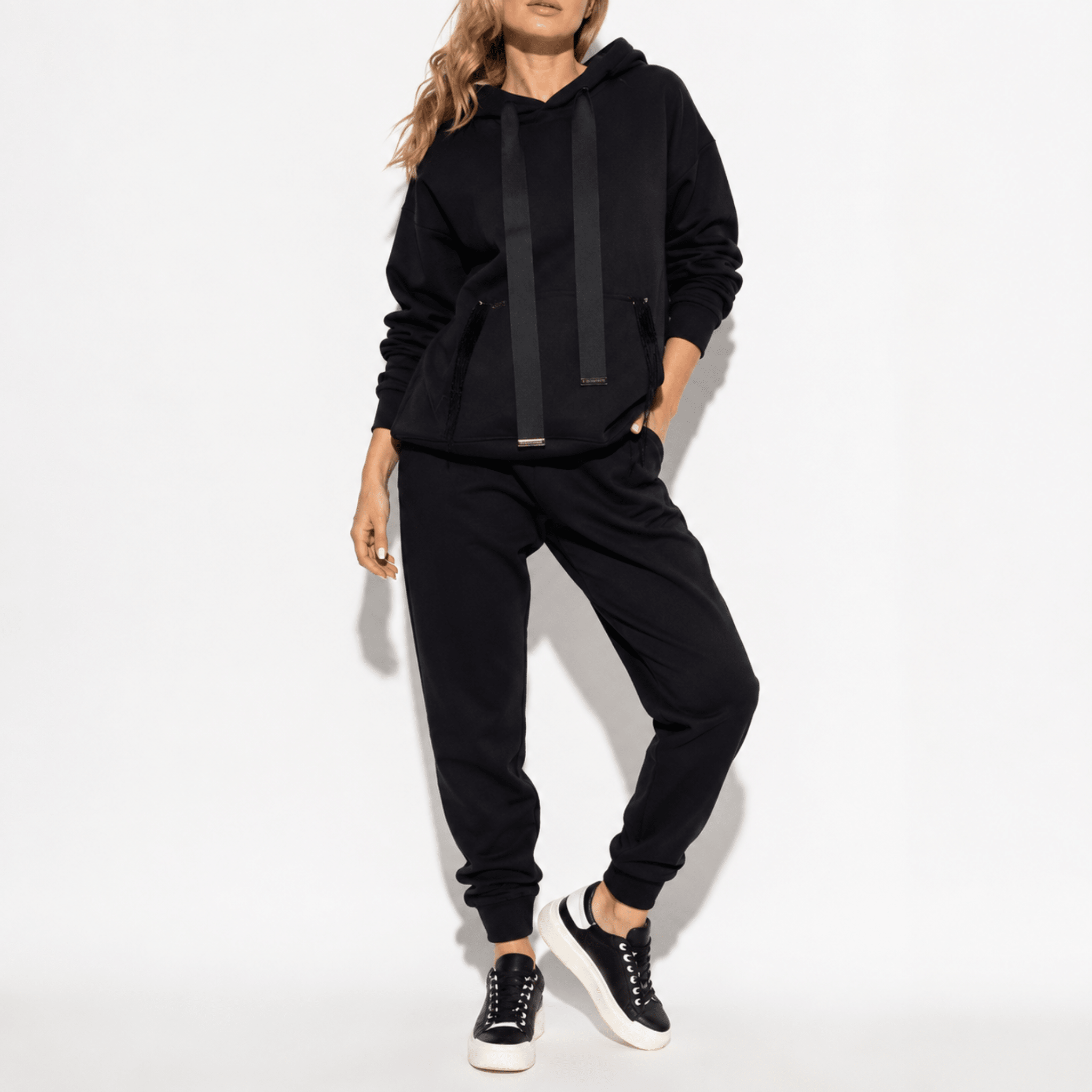 Phoebe - Women's Contrast Side Stripe Hoodie and Tracksuit Set - Outfit Sets - Black - Davies & Cooper