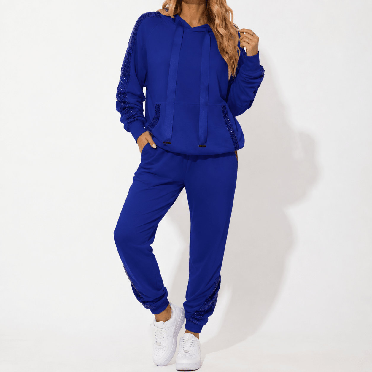 Phoebe - Women's Contrast Side Stripe Hoodie and Tracksuit Set - Outfit Sets - Blue - Davies & Cooper