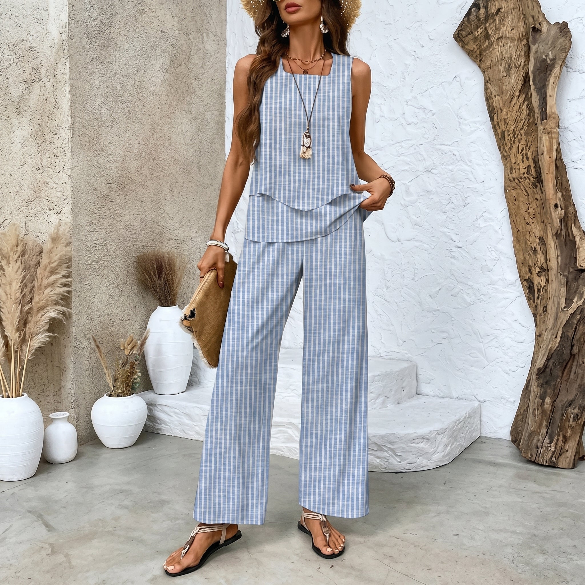 Phoebe - Women's Floral Print Top Wide - Leg Co - ord Set - 2 Piece Set - Light Blue - Davies & Cooper