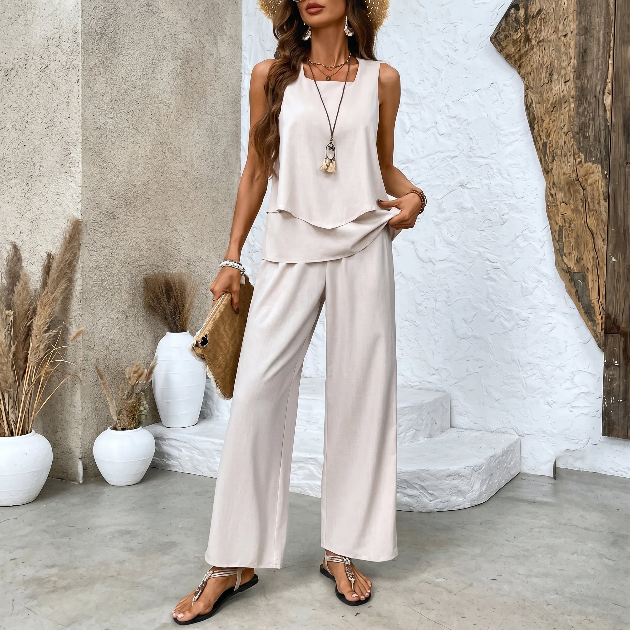 Phoebe - Women's Floral Print Top Wide - Leg Co - ord Set - 2 Piece Set - Cream - Davies & Cooper