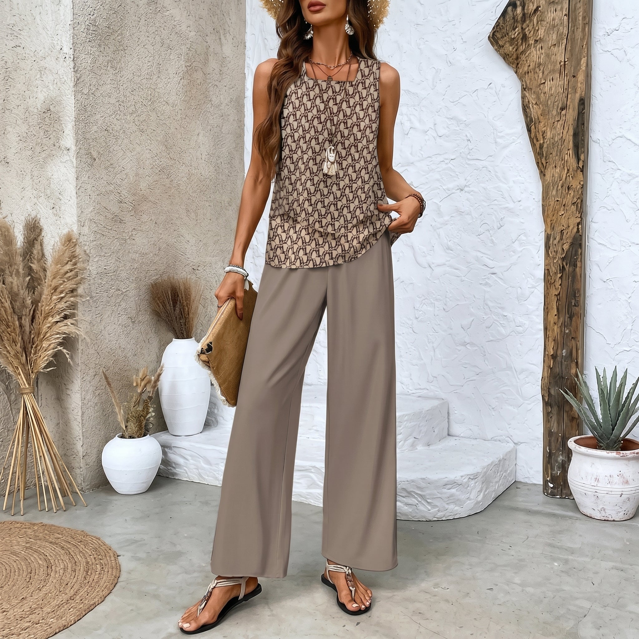 Phoebe - Women's Floral Print Top Wide - Leg Co - ord Set - 2 Piece Set - Brown - Davies & Cooper