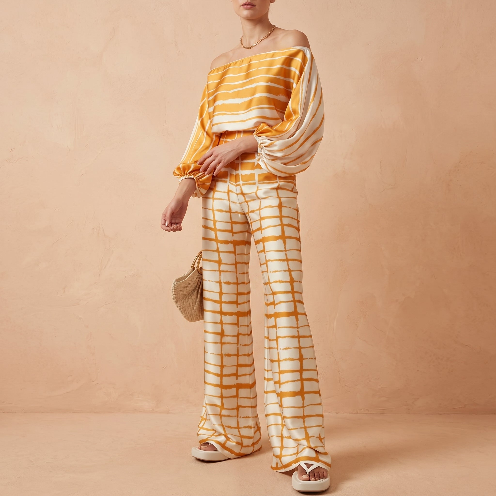 Phoebe - Women's One-Shoulder Abstract Print Wide-Leg Co-ord Set - 2-Piece Sets - Yellow - Davies & Cooper