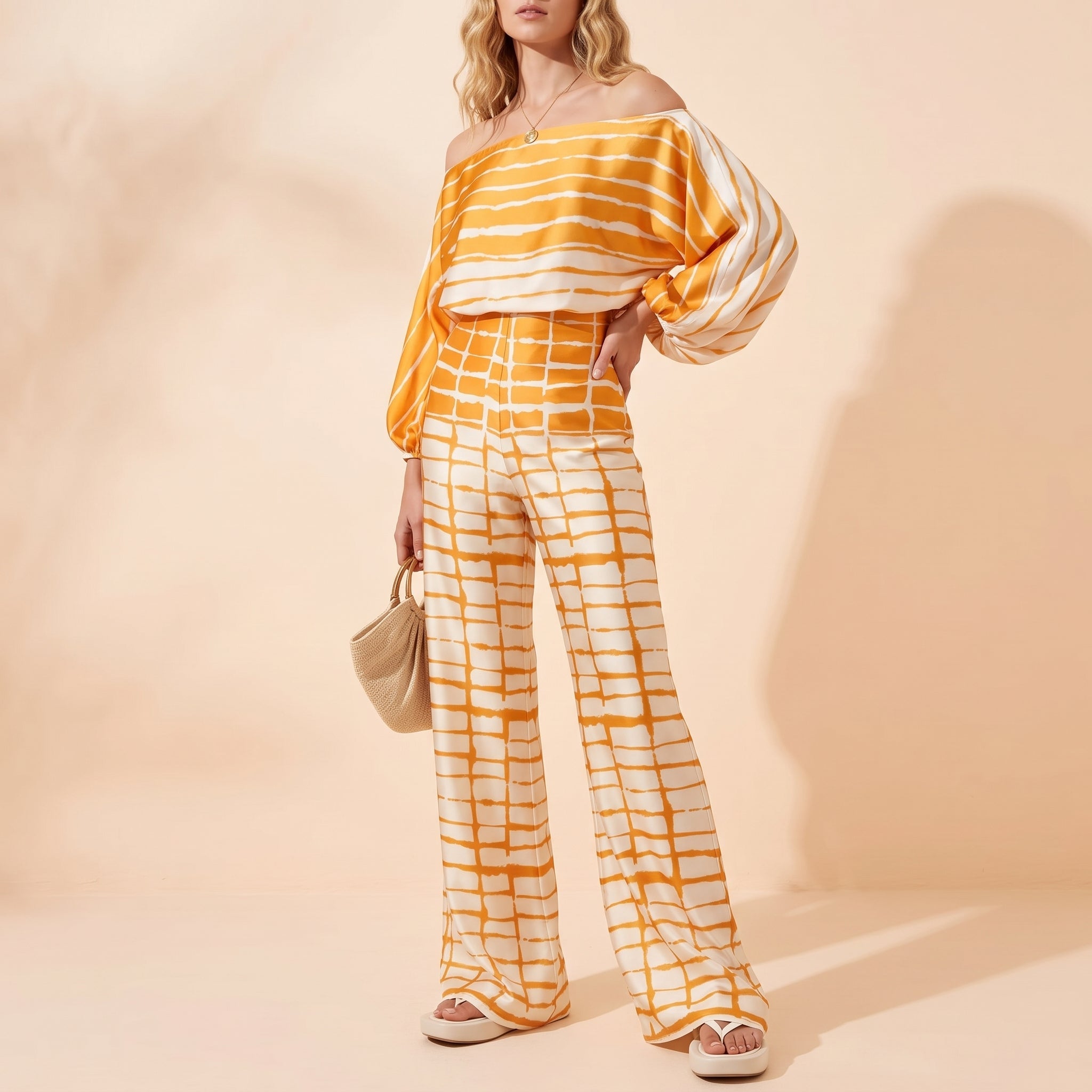 Phoebe - Women's One-Shoulder Abstract Print Wide-Leg Co-ord Set - 2-Piece Sets - Yellow - Davies & Cooper