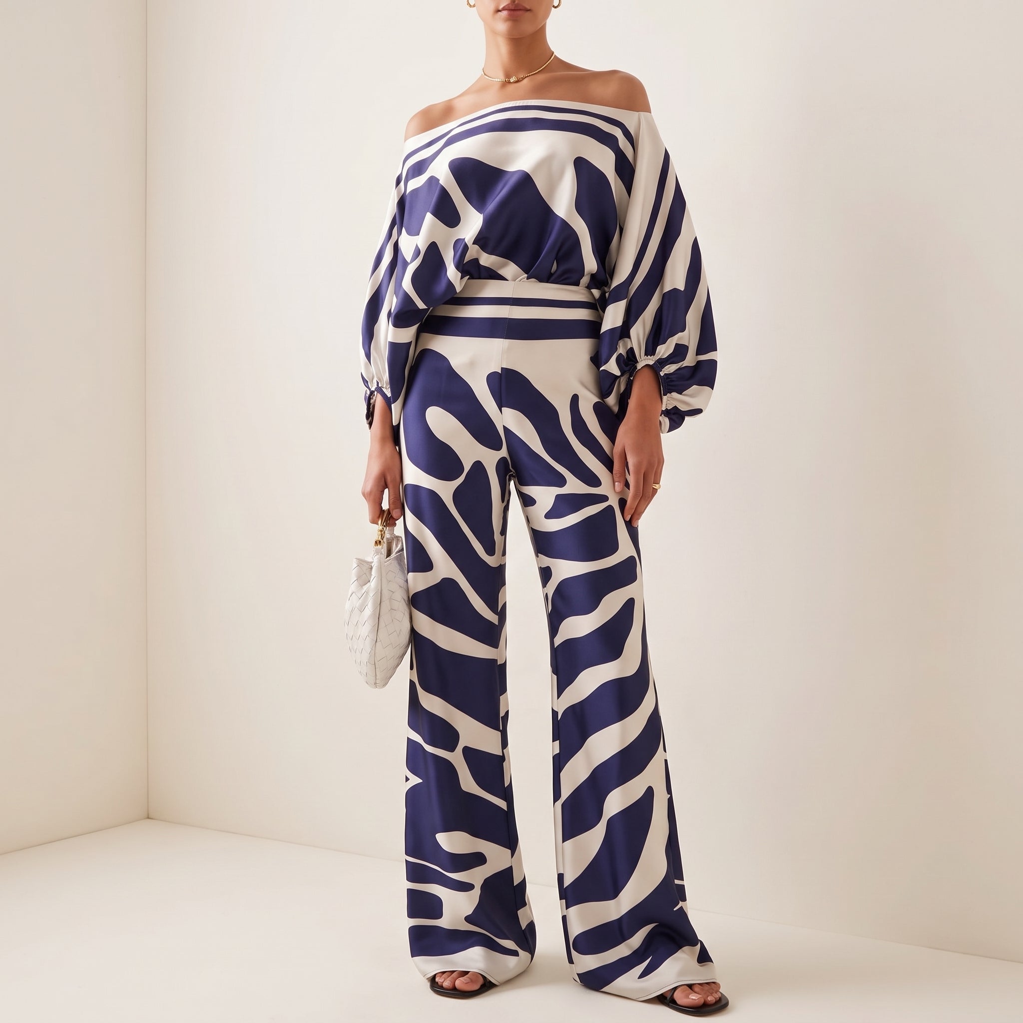Phoebe - Women's One-Shoulder Abstract Print Wide-Leg Co-ord Set - 2-Piece Sets - Blue - Davies & Cooper