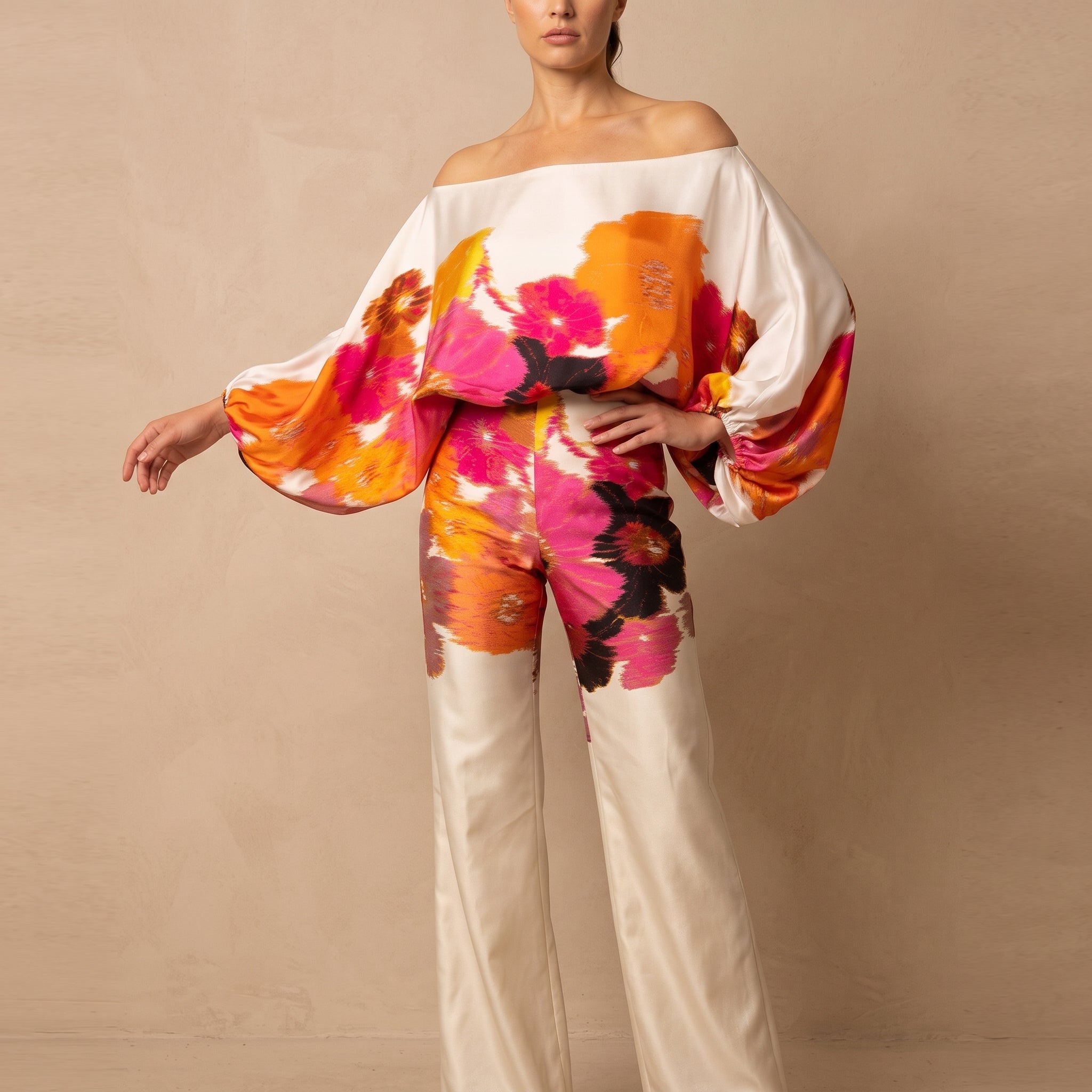 Phoebe - Women's One-Shoulder Abstract Print Wide-Leg Co-ord Set - 2-Piece Sets - Orange - Davies & Cooper