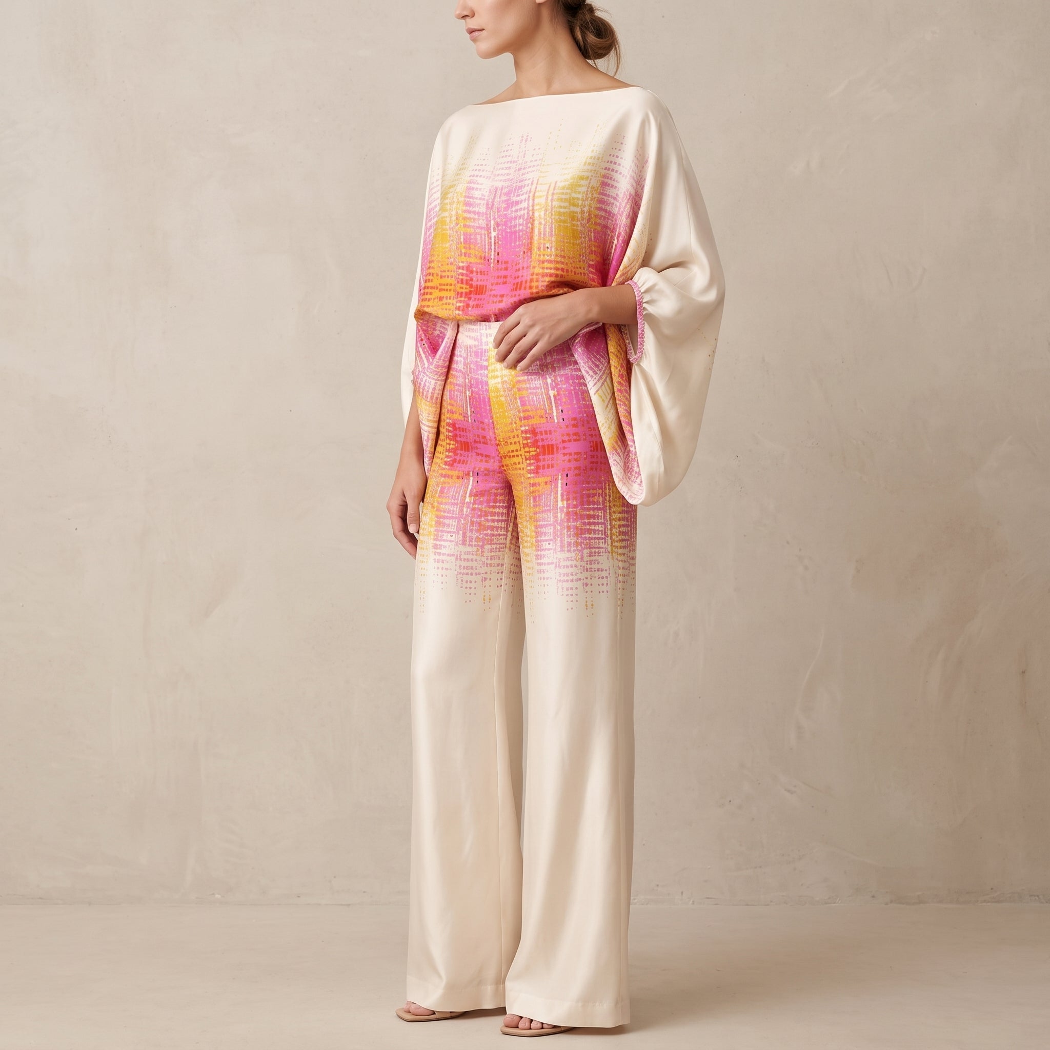 Phoebe - Women's One-Shoulder Abstract Print Wide-Leg Co-ord Set - 2-Piece Sets - Pink - Davies & Cooper