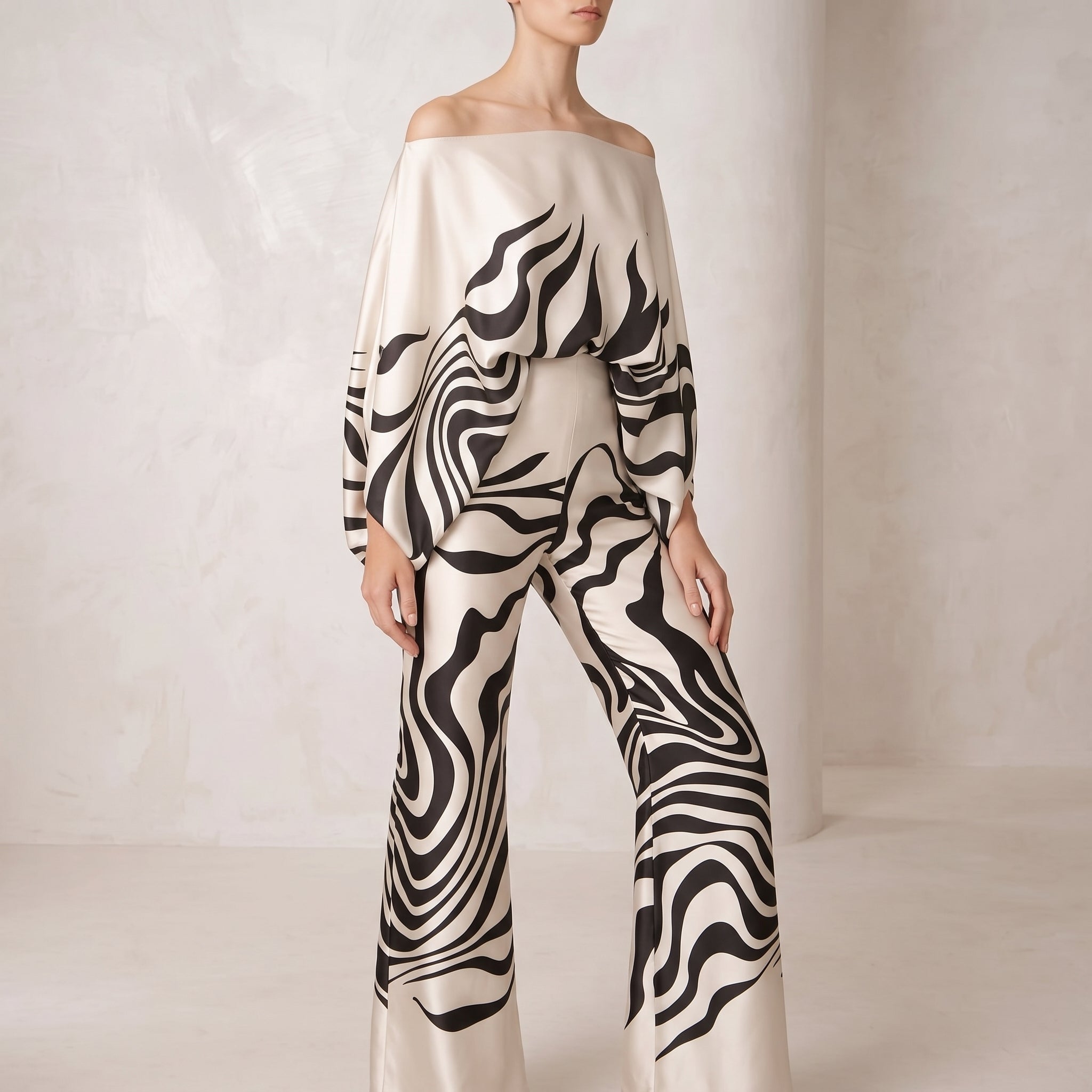 Phoebe - Women's One-Shoulder Abstract Print Wide-Leg Co-ord Set - 2-Piece Sets - Black - Davies & Cooper