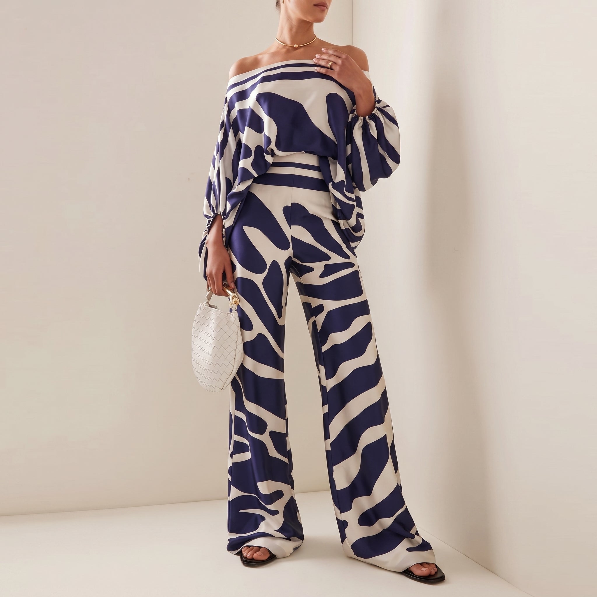 Phoebe - Women's One-Shoulder Abstract Print Wide-Leg Co-ord Set - 2-Piece Sets - Blue - Davies & Cooper