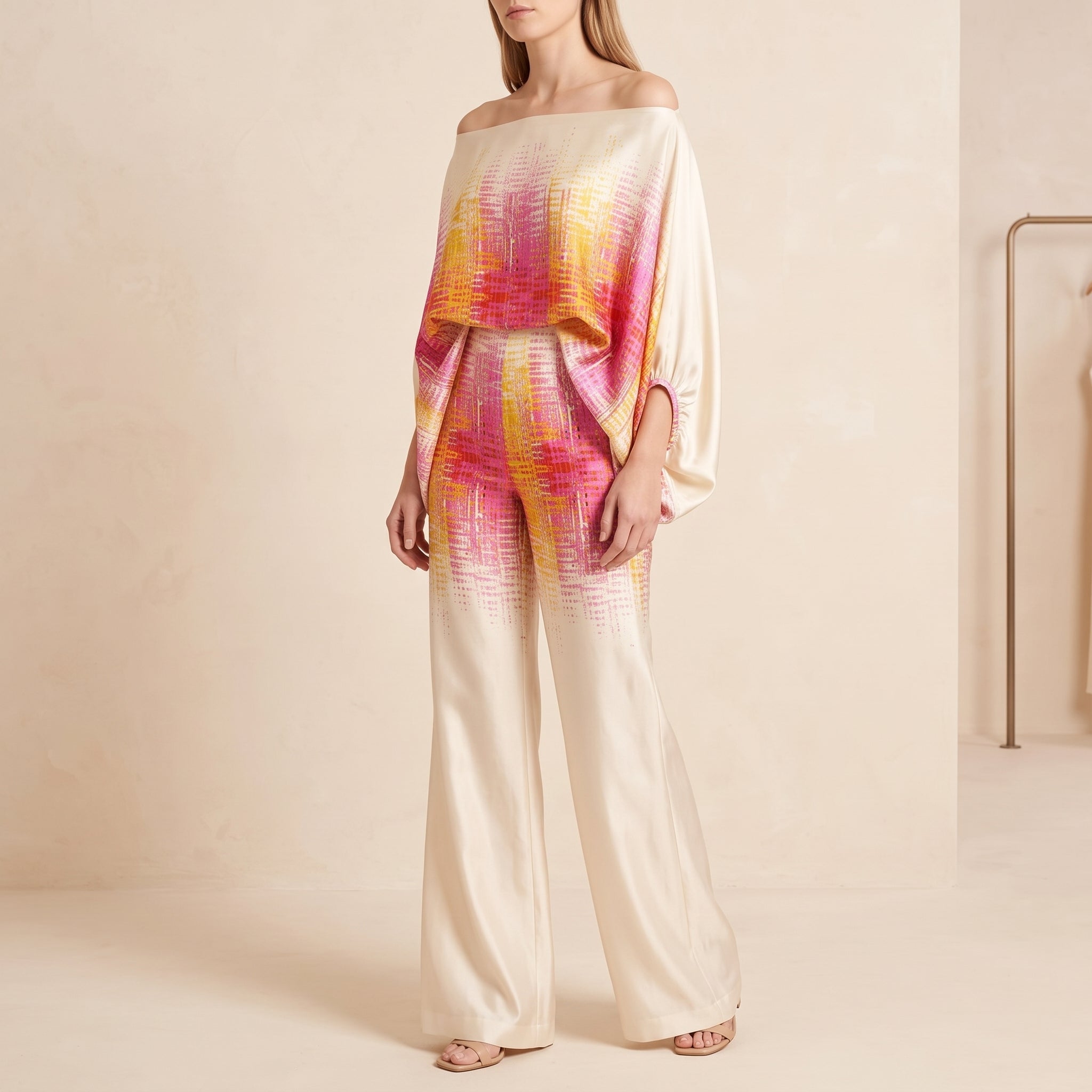 Phoebe - Women's One-Shoulder Abstract Print Wide-Leg Co-ord Set - 2-Piece Sets - Pink - Davies & Cooper